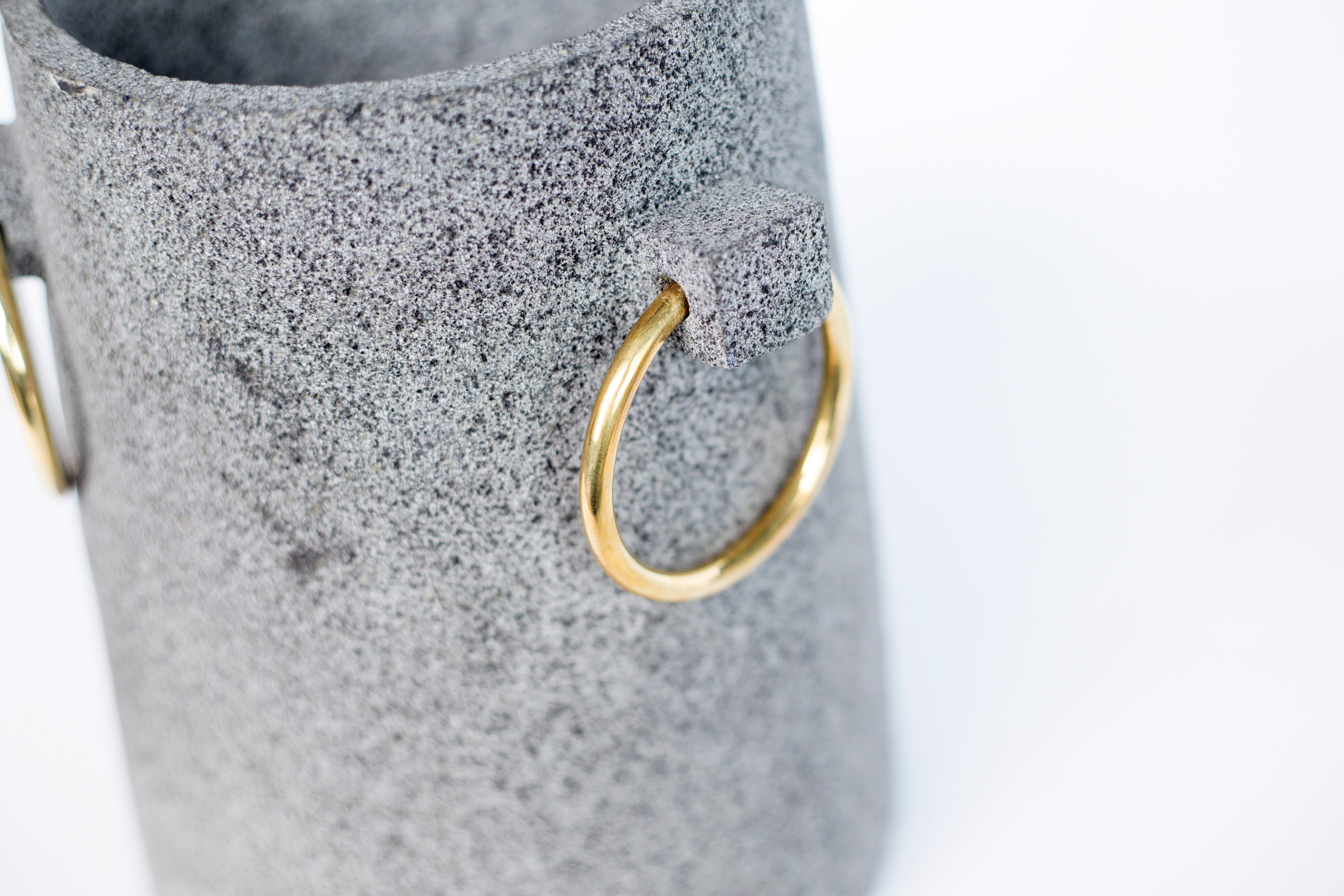 Each Mixteca vase is one of a kind hand-carved in volcanic stone. In the hands of the best craftsmen’s becomes a contemporary piece inspired by the Pre-Hispanic culture in México. The material of rings is brass, which generates an unexpected