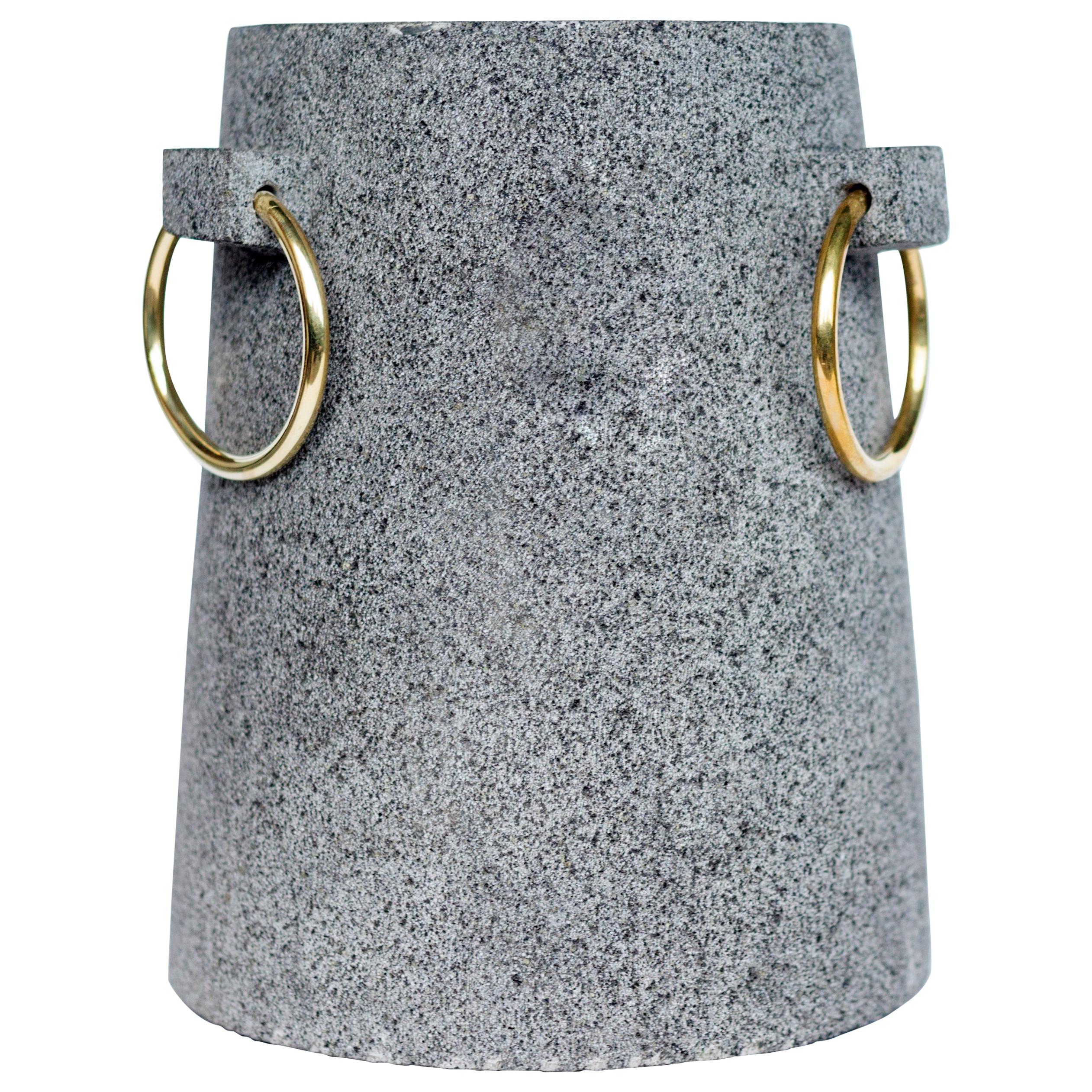 'Mixteca' Vase Handmade in Volcanic Rock and Brass Rings For Sale