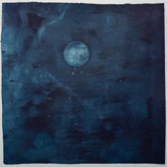Contemporary Deep Blue Moon Painting on Paper Accented with Pure Powdered Silver