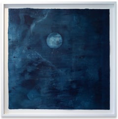 Contemporary Deep Blue Moon Painting on Paper Accented with Pure Powdered Silver