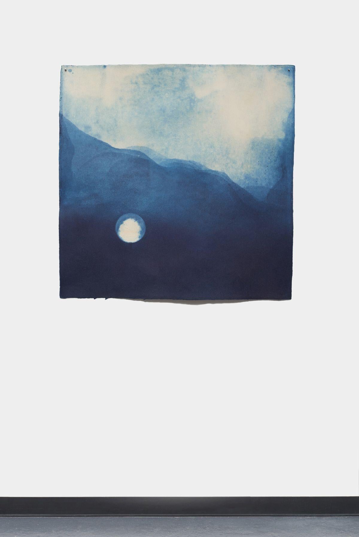Natural indigo and pure silver on paper, painting of the moon over the mountains - Painting by Miya Ando