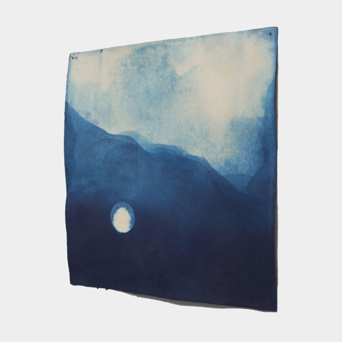 Natural indigo and pure silver on paper, painting of the moon over the mountains - Abstract Painting by Miya Ando