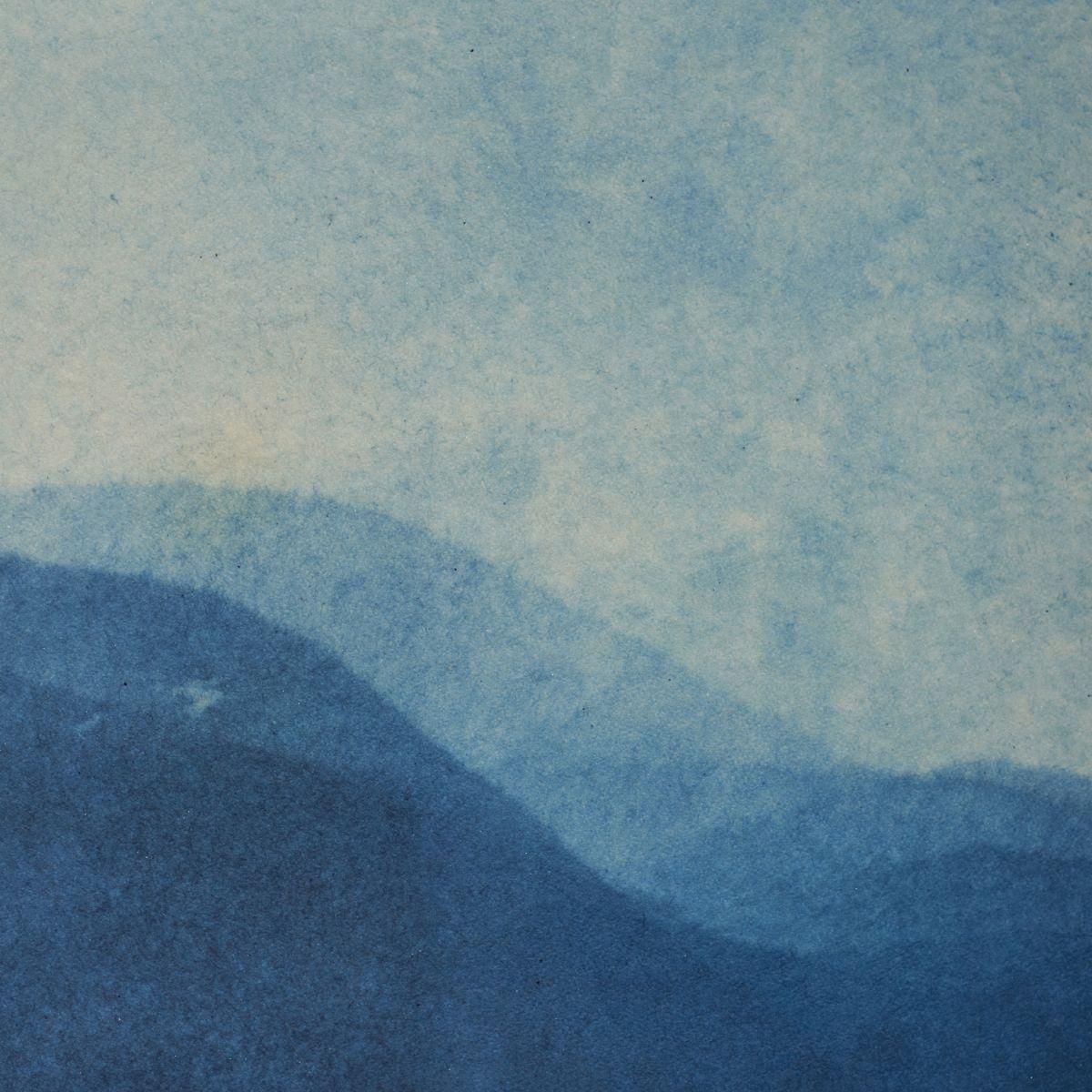 Natural indigo and pure silver on paper, painting of the moon over the mountains For Sale 1