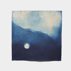 Natural indigo and pure silver on paper, painting of the moon over the mountains