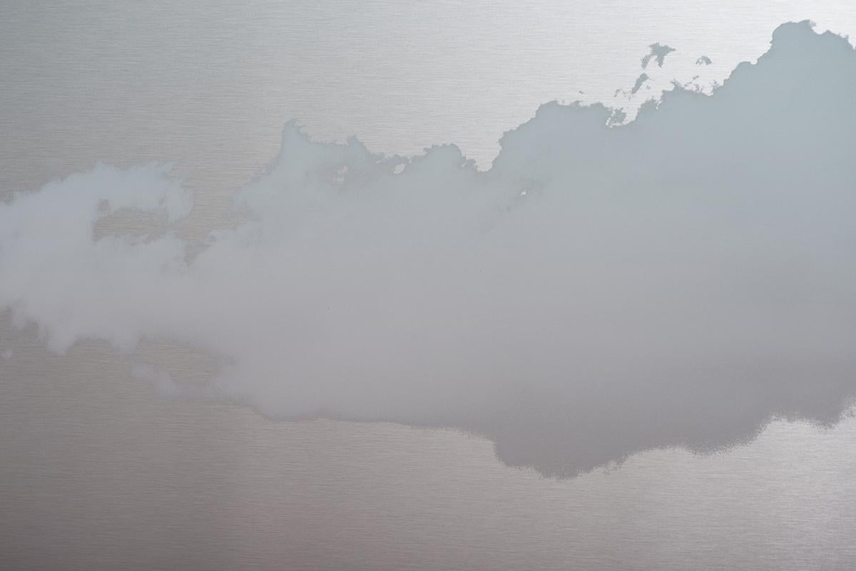 Reflective, pink, blue, diptych, painting of clouds in the sky at sunrise - Painting by Miya Ando