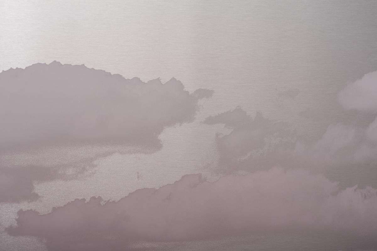 Reflective, pink, blue, diptych, painting of clouds in the sky at sunrise - Abstract Painting by Miya Ando