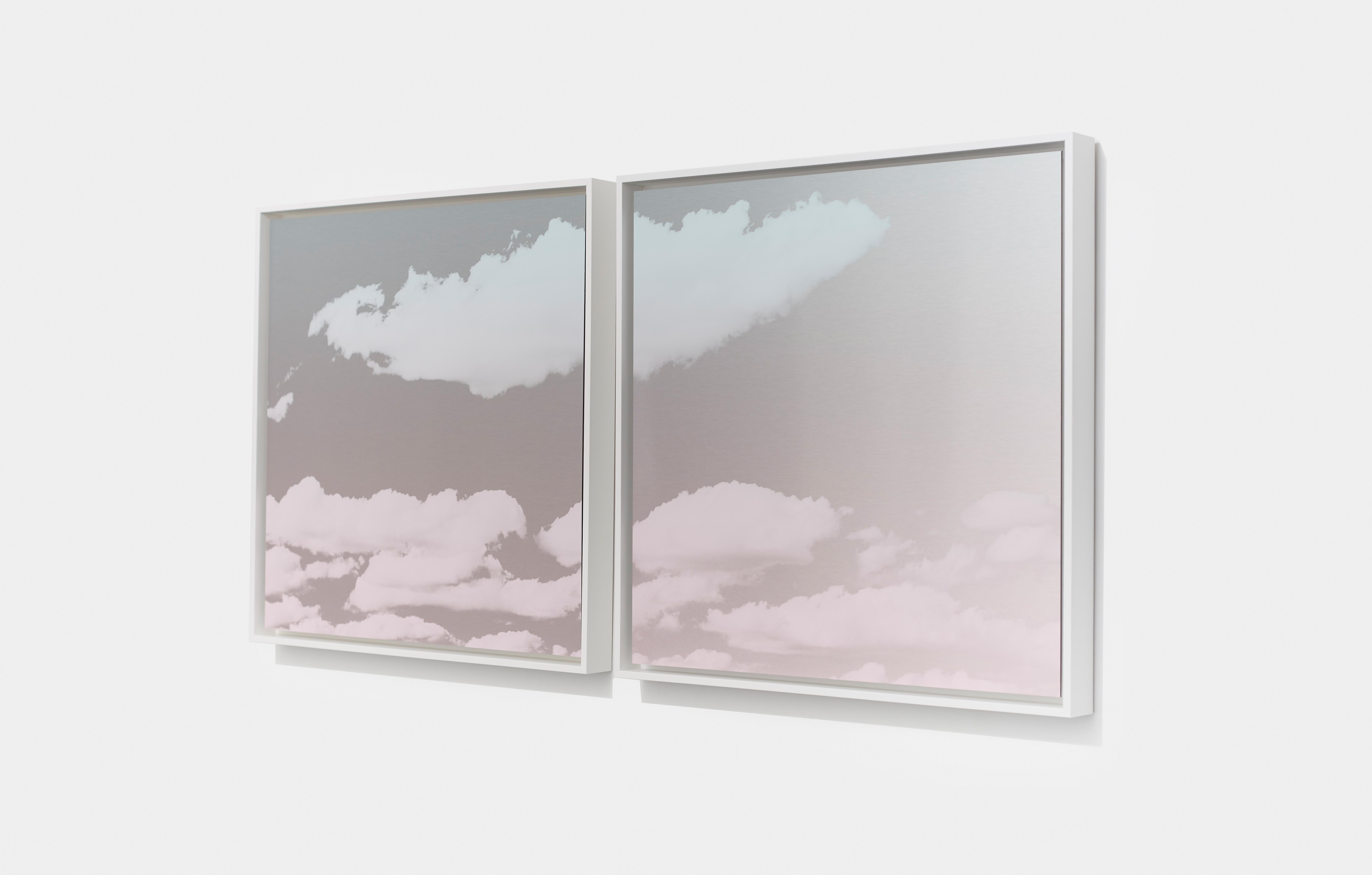 Reflective, pink, blue, diptych, painting of clouds in the sky at sunrise 1