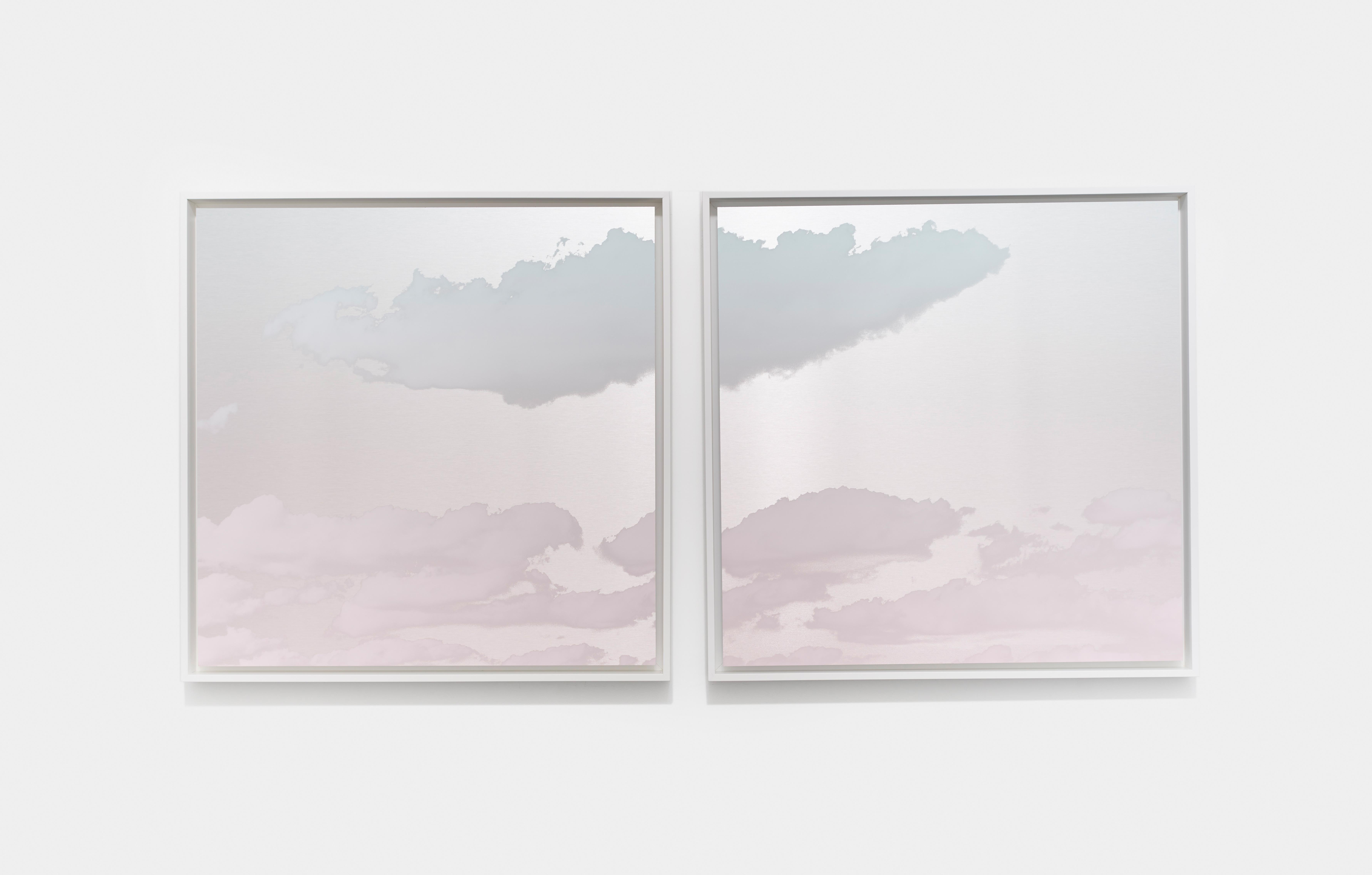 Miya Ando Abstract Painting - Reflective, pink, blue, diptych, painting of clouds in the sky at sunrise