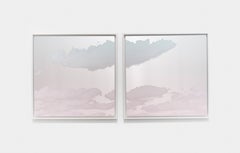 Reflective, pink, blue, diptych, painting of clouds in the sky at sunrise