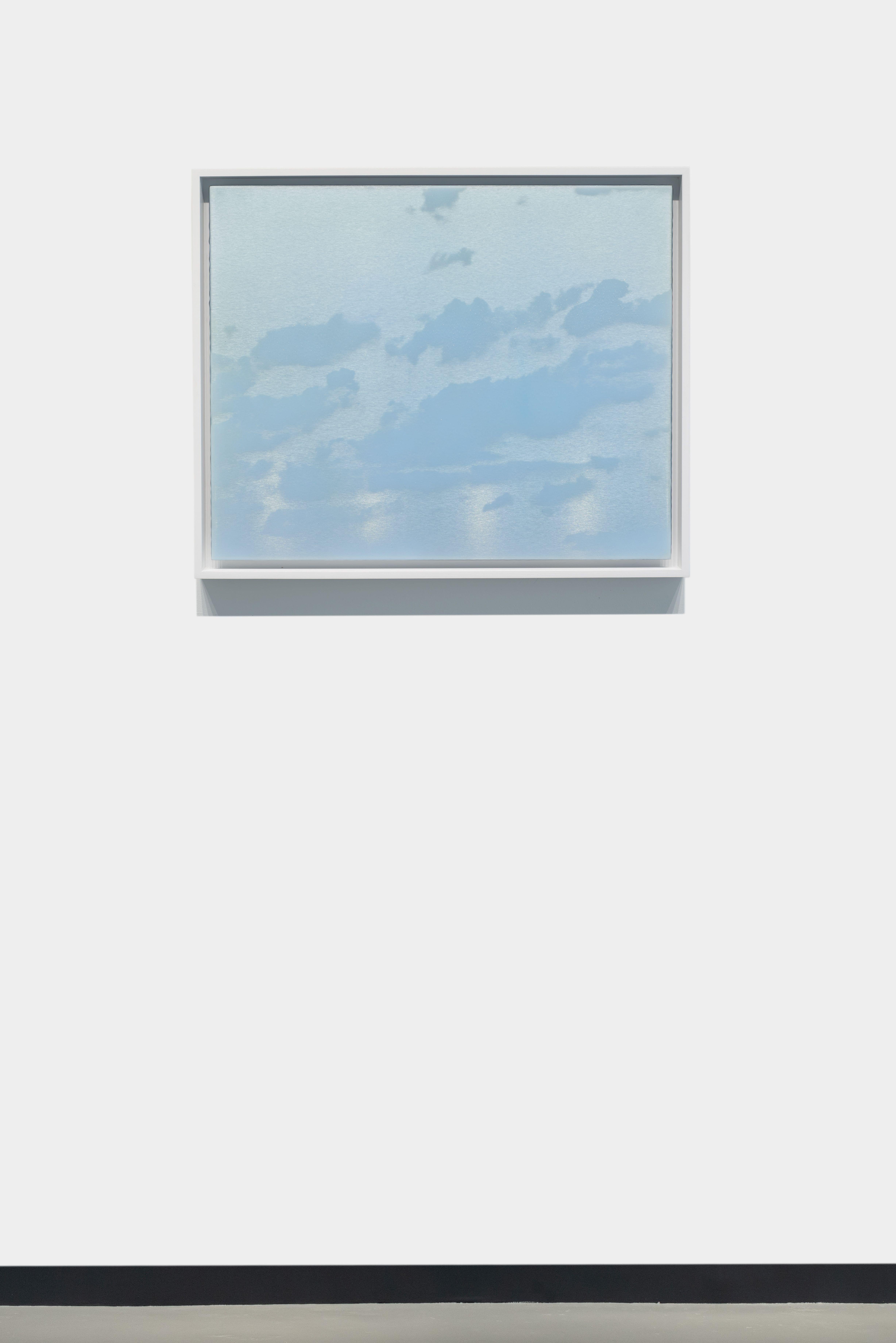 Quadro in metallo azzurro riflettente con nuvole e luna al tramonto - Painting di Miya Ando