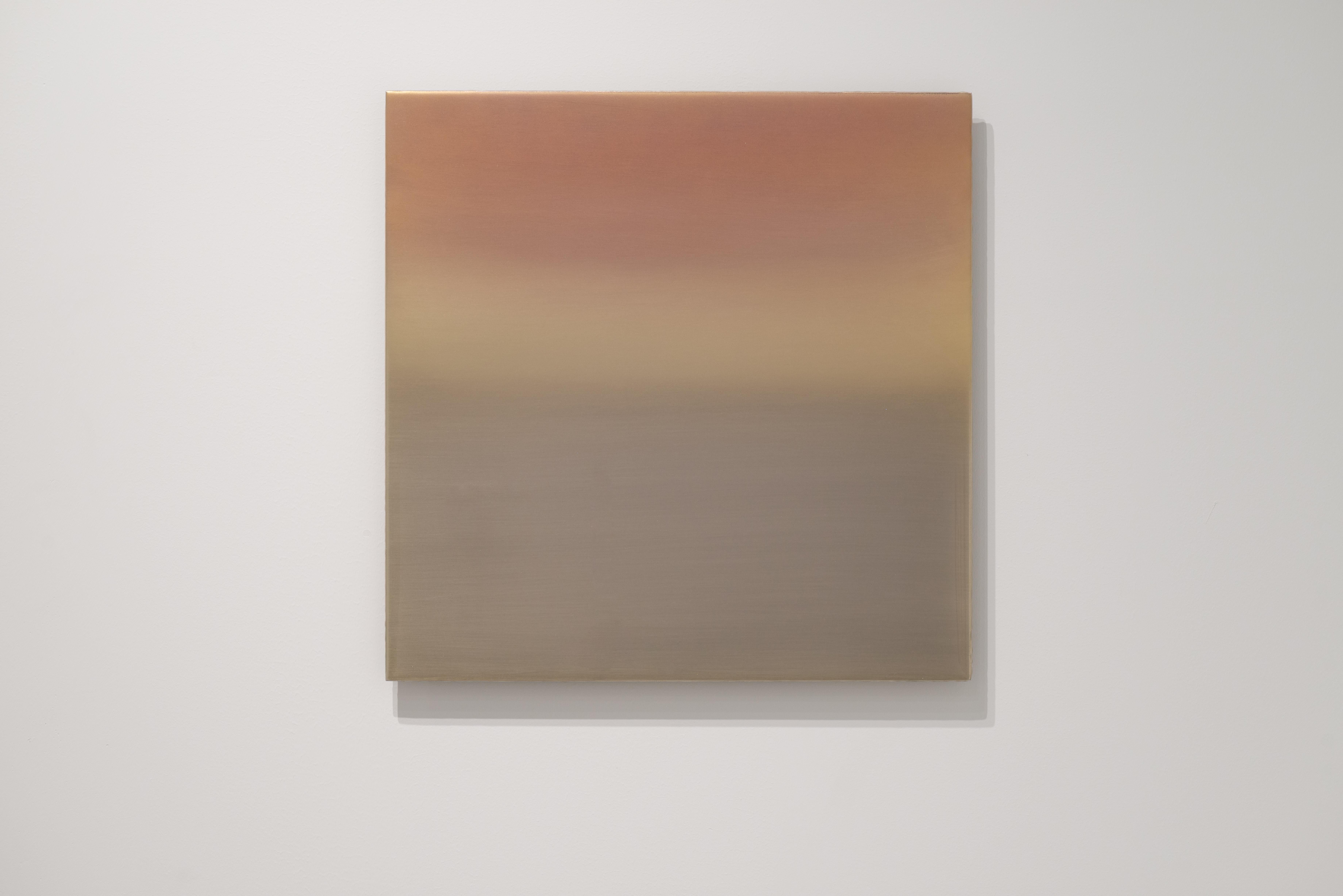 Square iridescent rose gold lavender painting on metal - Painting by Miya Ando