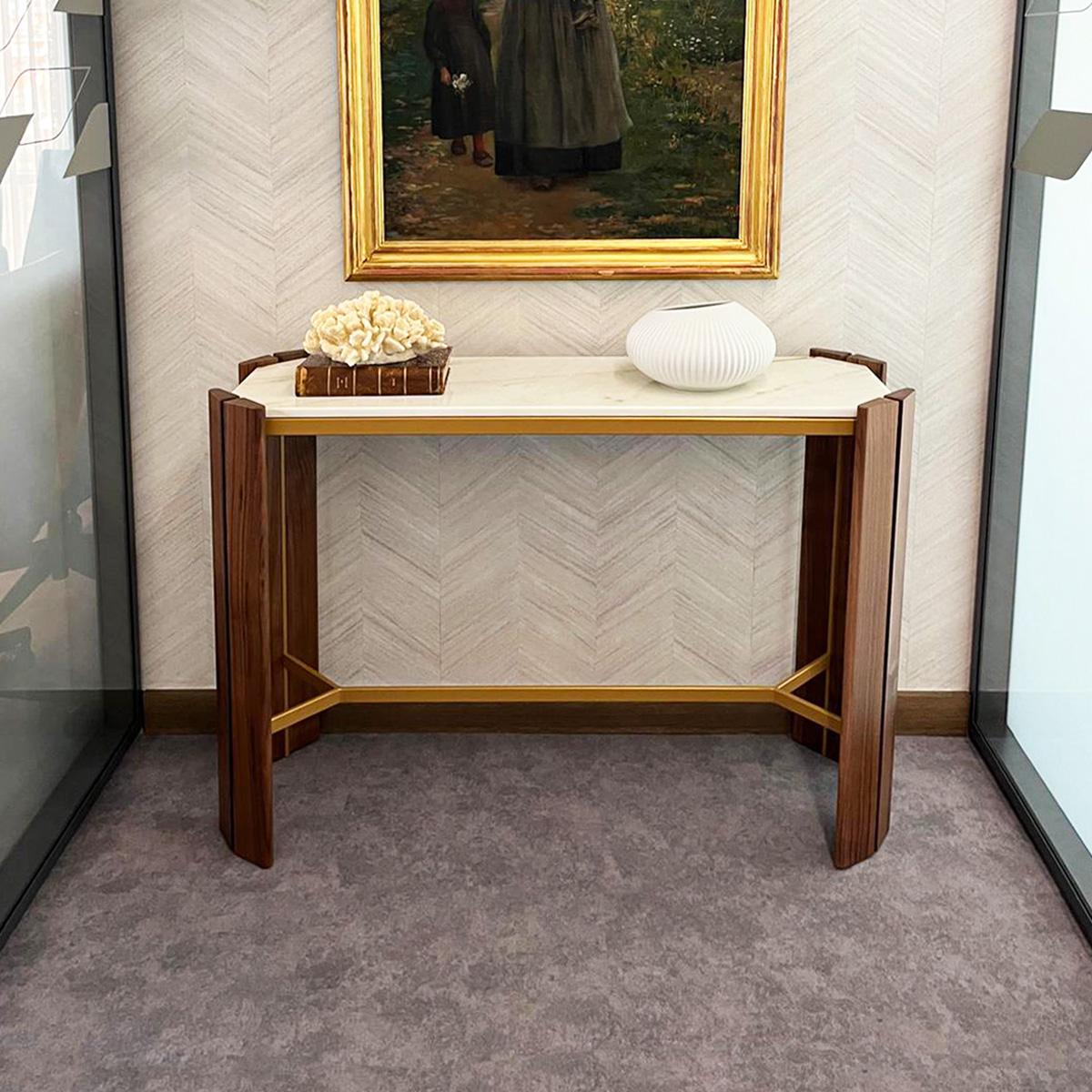 Miyabi Console in Walnut, Polished Marble, and Gold-Finished Iron, Handmade in Portugal

The Miyabi console is a refined composition of materials that expresses both strength and elegance. Its structure combines solid walnut and iron with a soft
