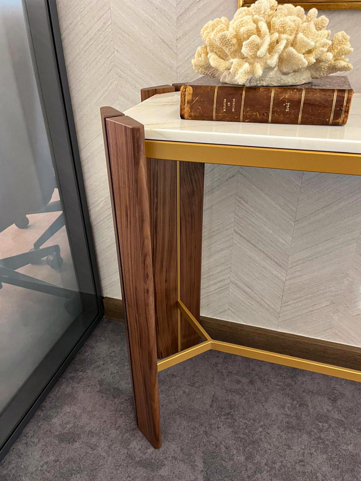 Modern Miyabi Console in Walnut, Polished Marble, and Gold-Finished Iron For Sale