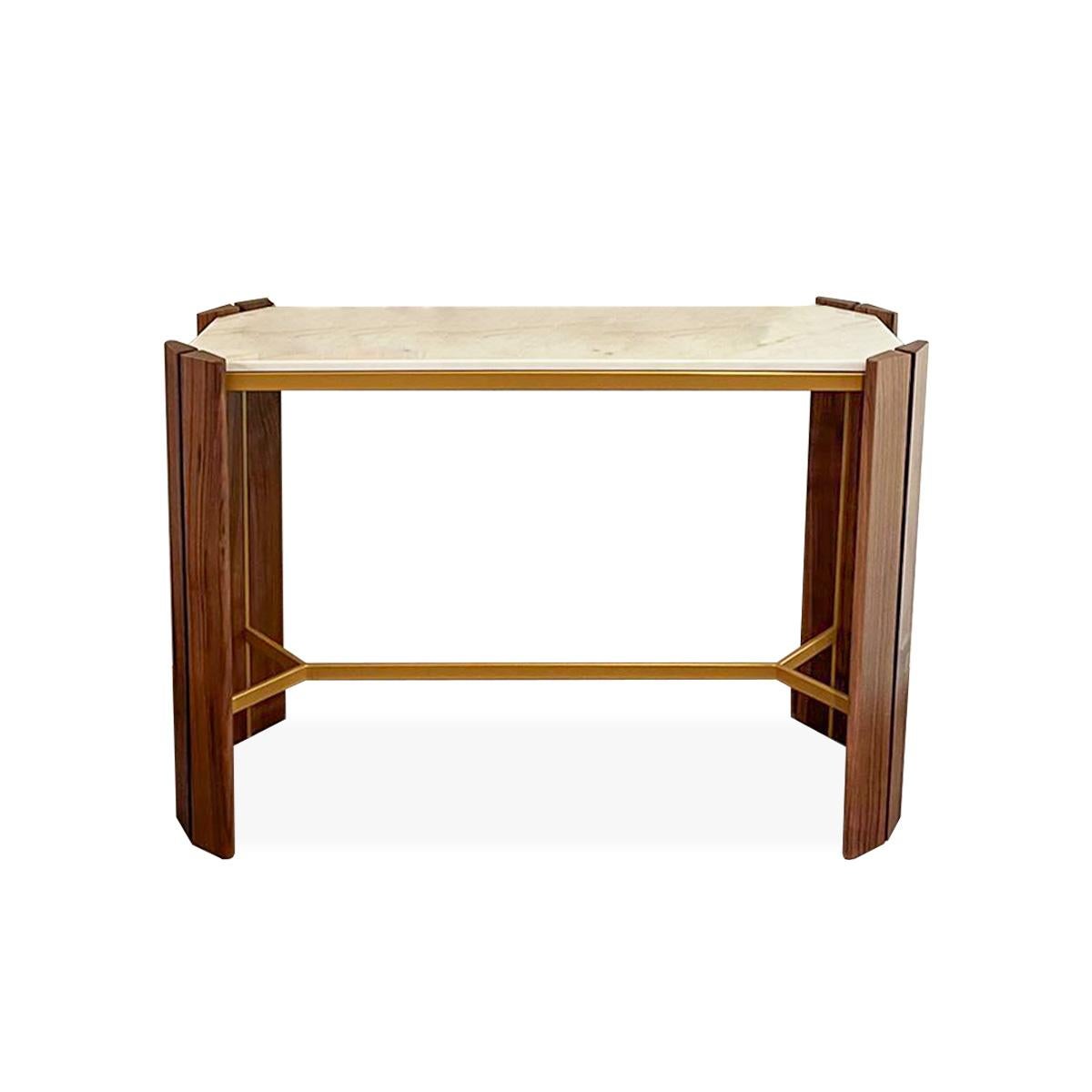 Portuguese Miyabi Console in Walnut, Polished Marble, and Gold-Finished Iron For Sale