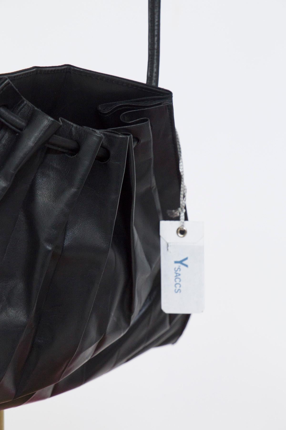 MIYAKE ISSEY Pleated Black Leather Bag For Sale 2
