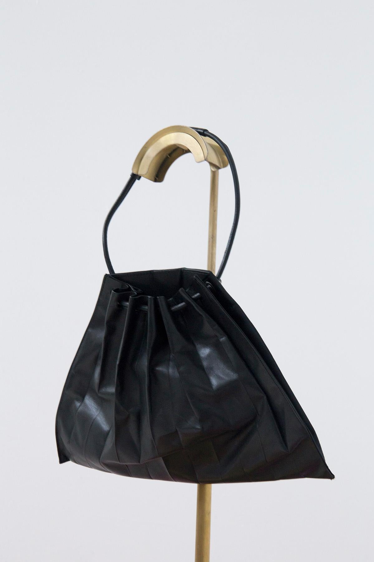 MIYAKE ISSEY Pleated Black Leather Bag For Sale 5
