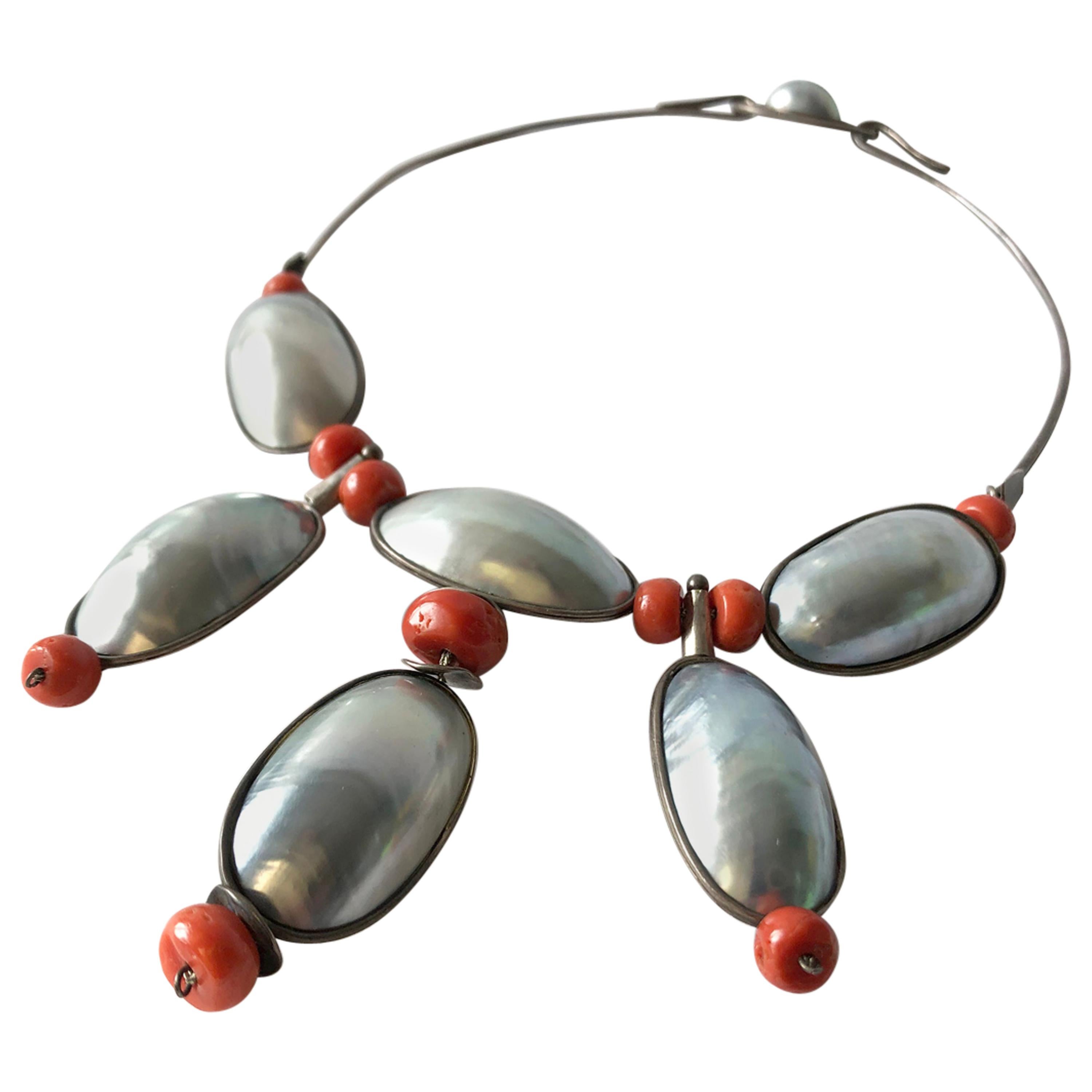 Miye Matsukata Atelier Janiye Sterling Mabe Pearl Coral Modernist Necklace