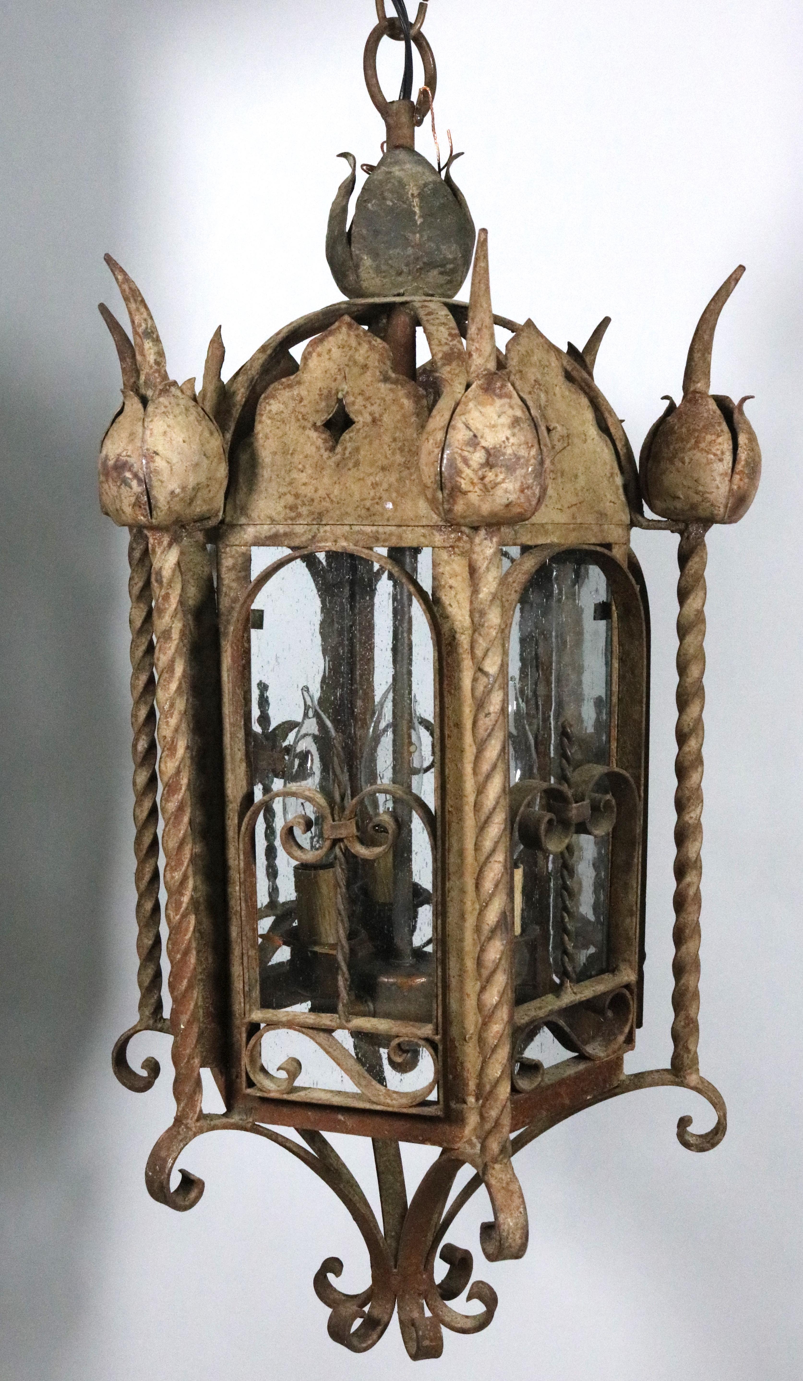 20th Century Mizner Outdoor Pair Seed Glass Iron Lanterns-Rusticated Finish-circa 1900s For Sale