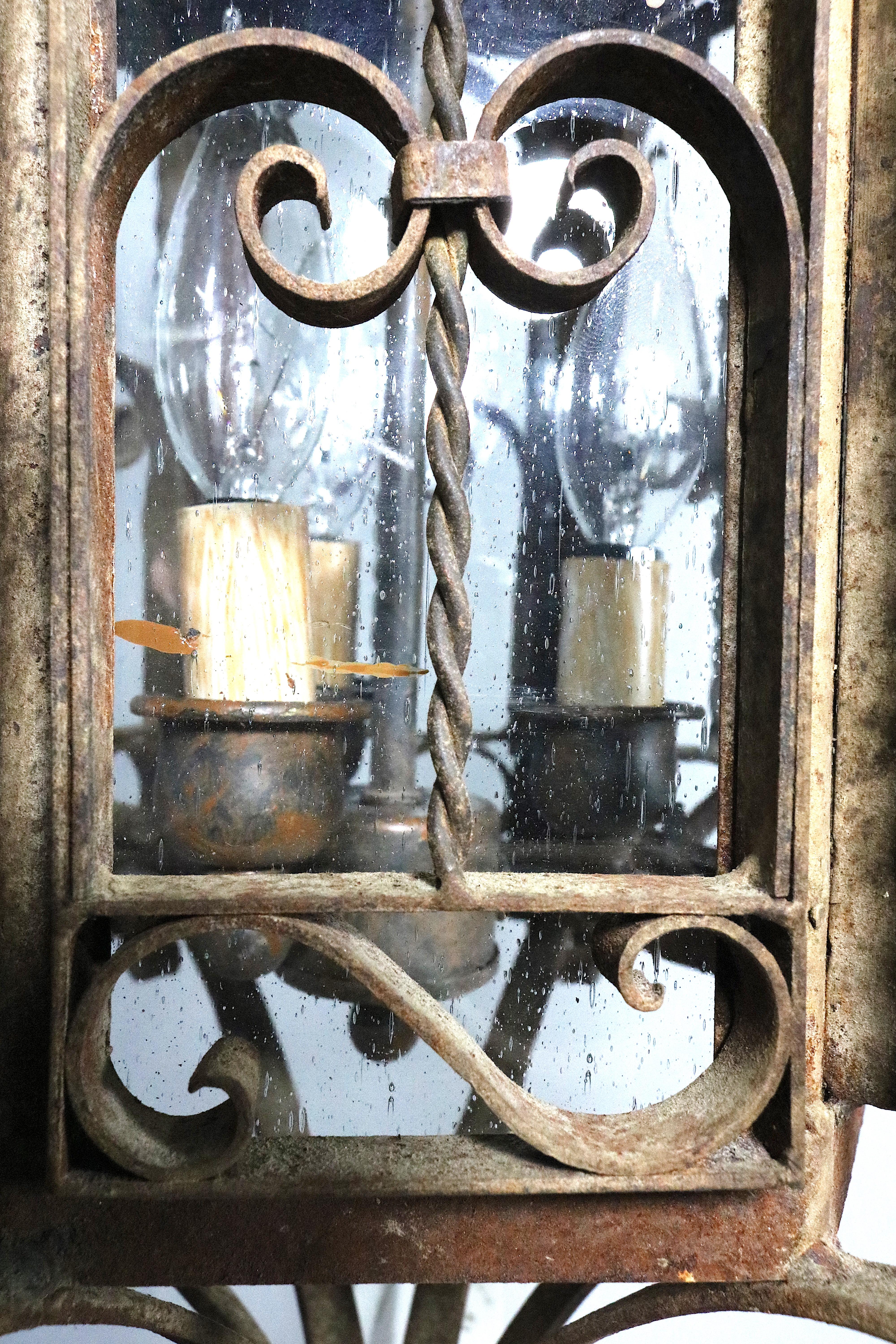 Mizner Outdoor Pair Seed Glass Iron Lanterns-Rusticated Finish-circa 1900s For Sale 3