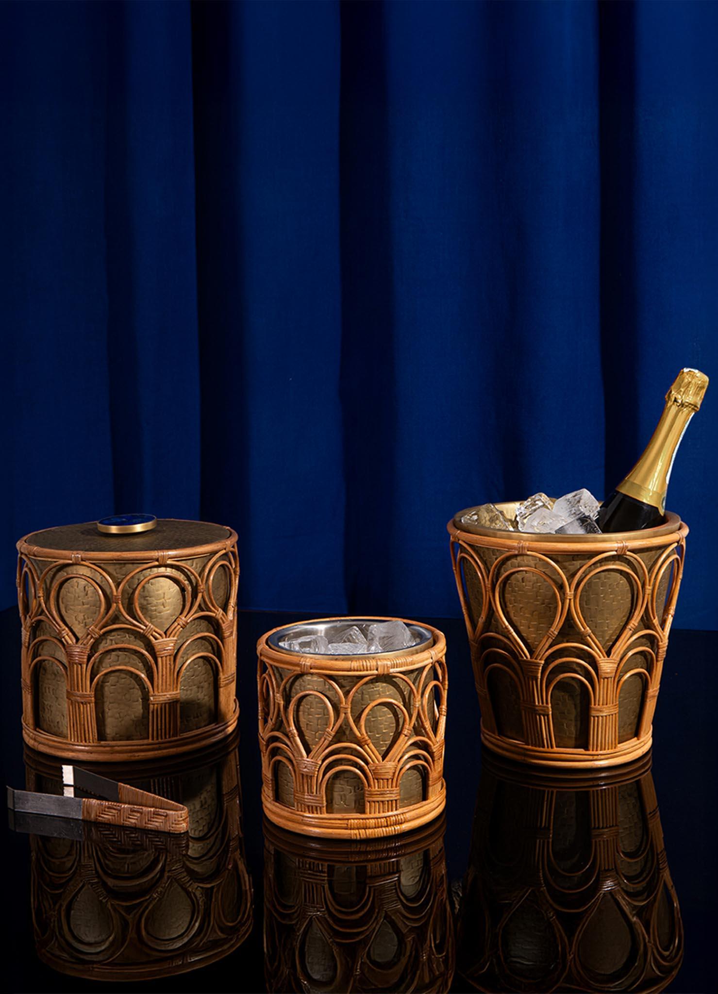 Contemporary Mizoram Champagne Bucket in Brass and Cane, Viya By Vikram Goyal For Sale