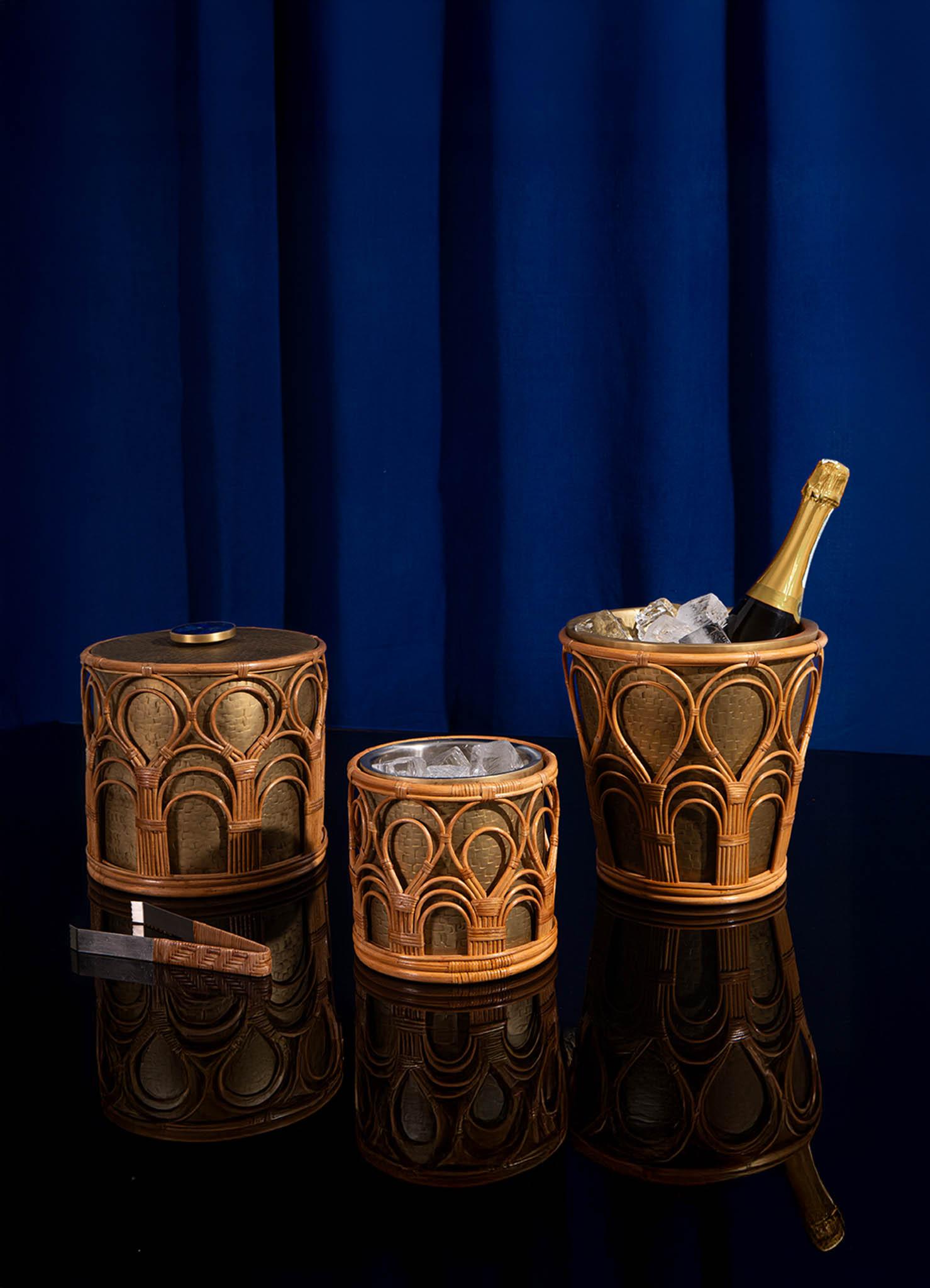 Contemporary Mizoram Ice Bucket Large in Brass and Cane, Viya By Vikram Goyal For Sale