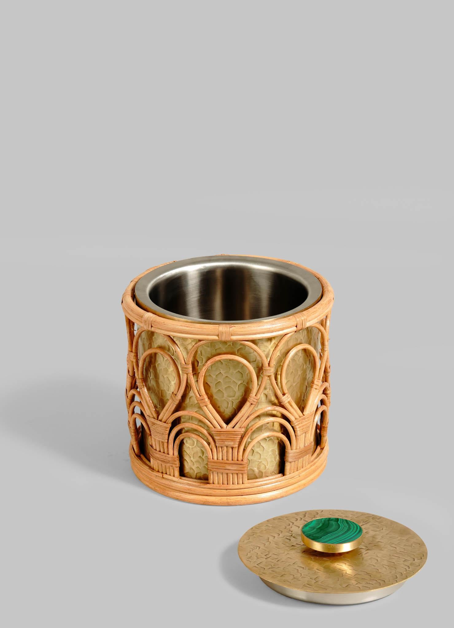 Cast Mizoram Ice Bucket Small in Brass and Cane, Viya By Vikram Goyal For Sale