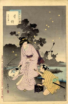 A woman of the Tenmei period collects fireflies-Woodcut by Mizuno Toshikata-1901