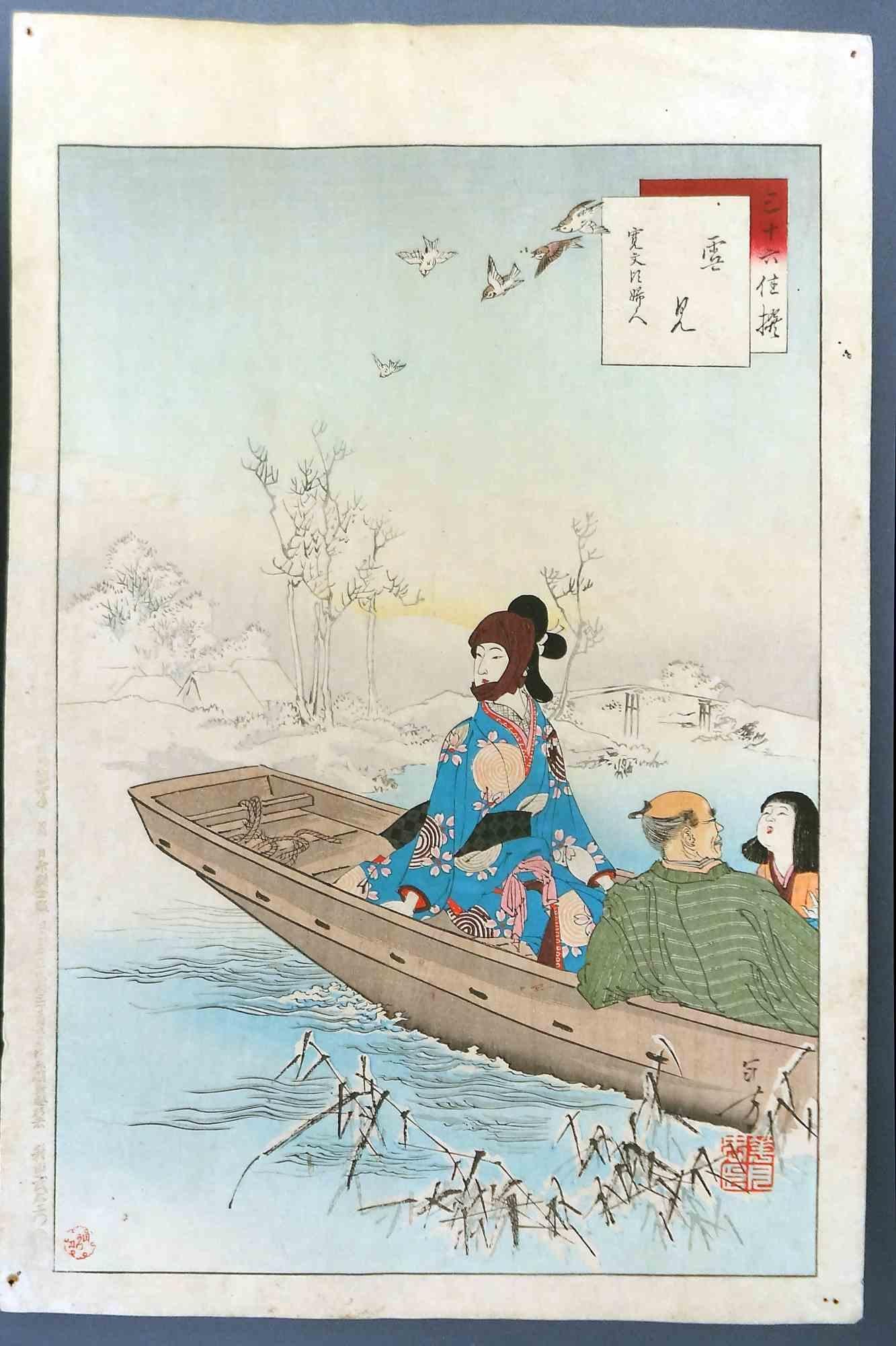 Family Boat Trip on the Marsch - Woodcut by Mizuno Toshikata - 1890s