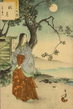 Vintage Moon Viewing - Original Woodcut after Mizuno Toshikata