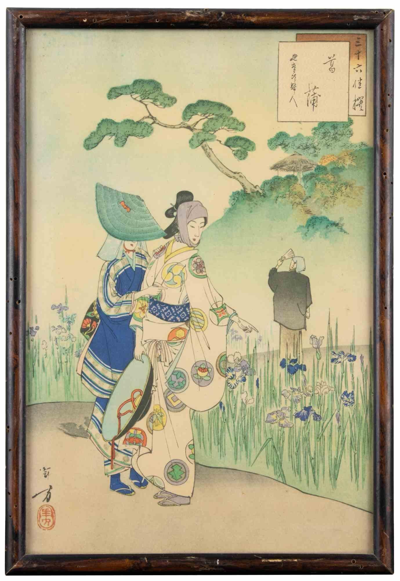 Nishiki-e (grabado en madera), en formato oban vertical (31x20,5) realizado por Mizuno Toshikata en 1893 (Meiji 26).

Pertenece a la Serie "Sanjûroku Kasen" (Treinta y seis bellezas en comparación).

Publicado por Akiyama Buemon.

Incluye un marco