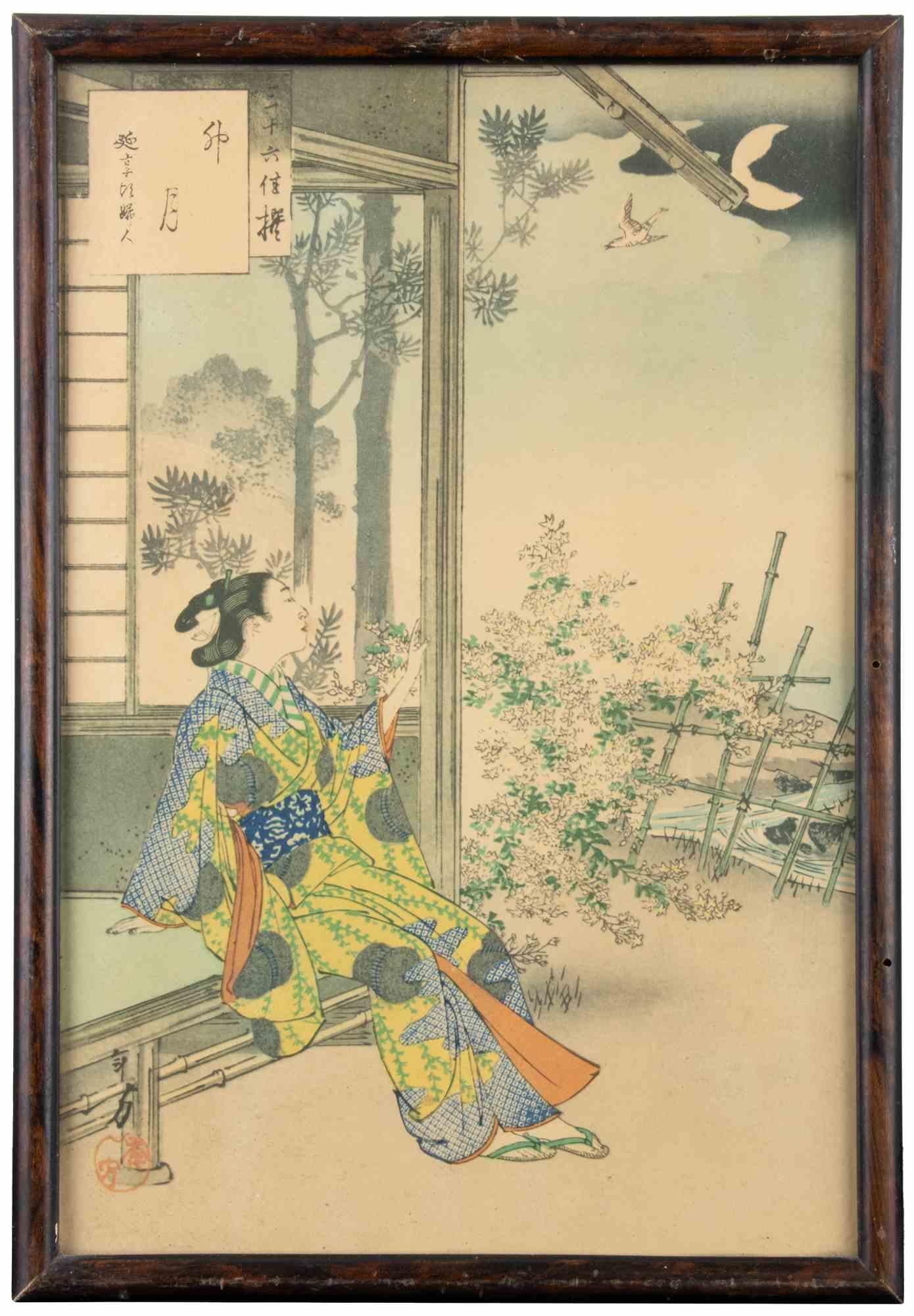 Nishiki-e (Holzschnitt), im vertikalen Oban-Format (31x20,5), realisiert von Mizuno Toshikata im Jahr 1893 (Meiji 26).

Gehört zu der Serie "Sanjûroku Kasen" (Sechsunddreißig Schönheiten im Vergleich).

Herausgegeben von Akiyama