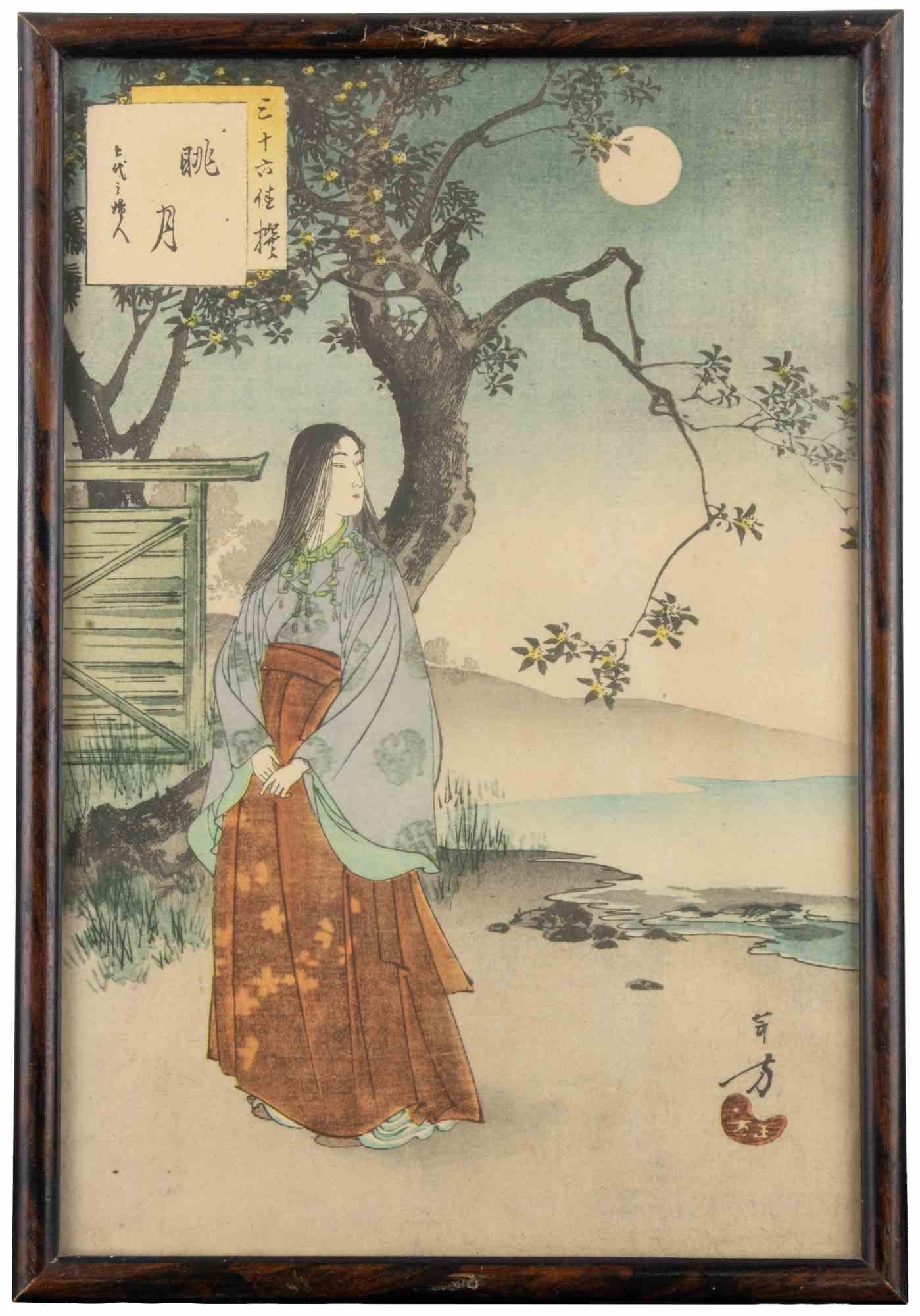 Nishiki-e (woodcut print), in vertical oban format (31x20.5) realized by Mizuno Toshikata in 1893 (Meiji 26).

Belongs to the Series "Sanjûroku Kasen" (Thirty-Six Beauties in Comparison).

Published by Akiyama Buemon.

Includes a wooden lacquered