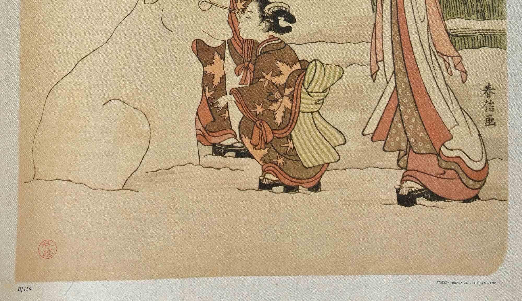 Winter Games - Woodcut after Mizuno Toshikata - Mid-20th Century For Sale 1