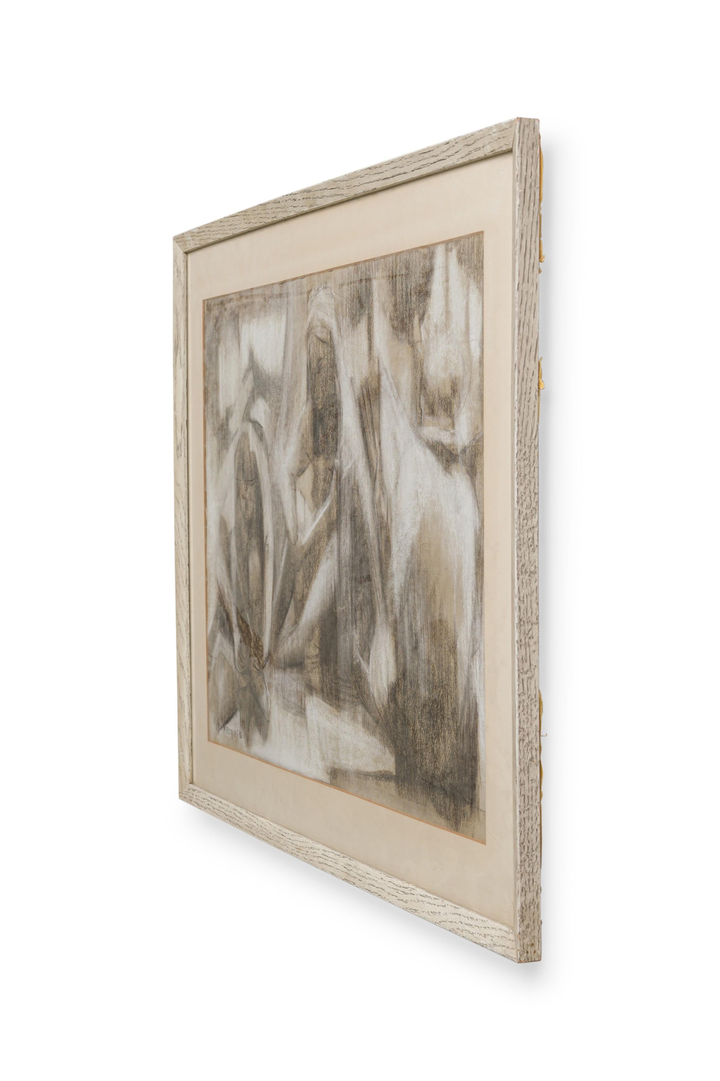 Le fusain et le pastel abstraits contemporains américains représentent les femmes en deuil comme sujets, donnant un aperçu du processus de deuil avec des accents de blanc sur des nuances de fusain dans un cadre en chêne blanchi (Signé au recto :