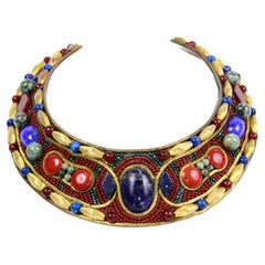 MJ Hansen Signed Vintage Egyptian Style Cabochon Choker Collar Necklace w 
