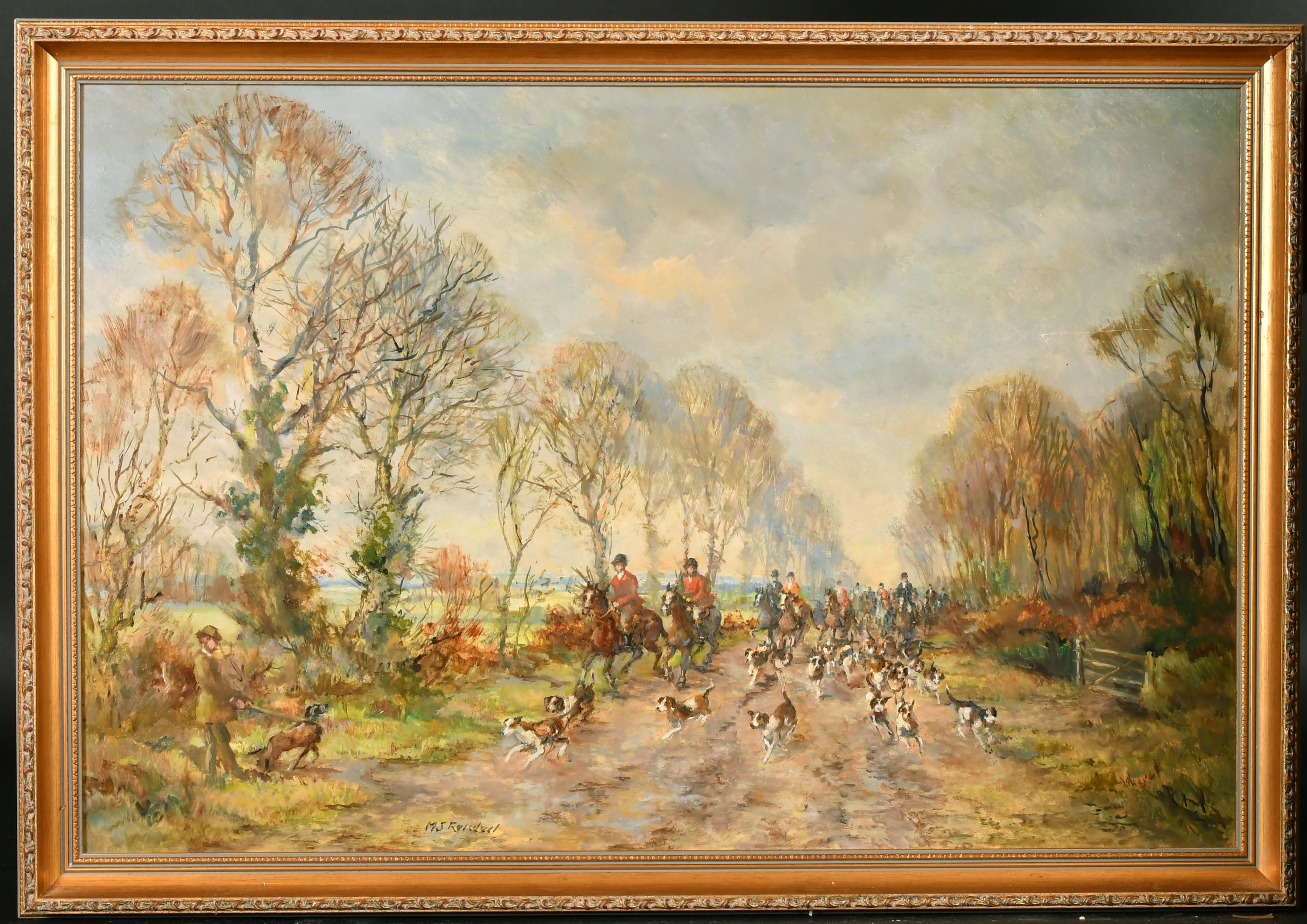 Grande peinture à l'huile signée représentant une fête de chasse à cheval avec chiens - Painting de M.J Ruisadael