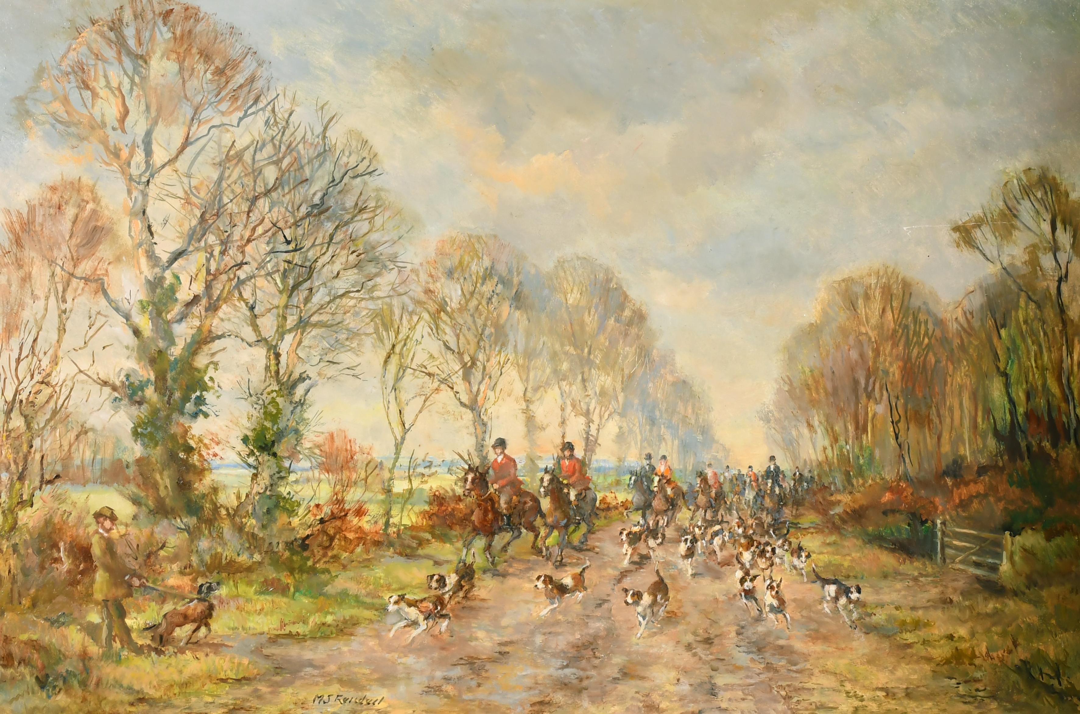 Figurative Painting M.J Ruisadael - Grande peinture à l'huile signée représentant une fête de chasse à cheval avec chiens
