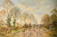 Large Signed Oil Painting Hunting Party on Horseback with Hounds