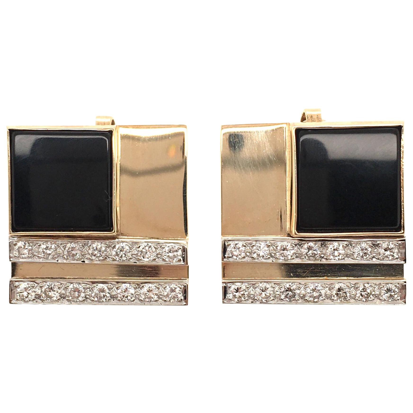 M.J. Savitt Black Onyx, Diamond and Gold Earrings