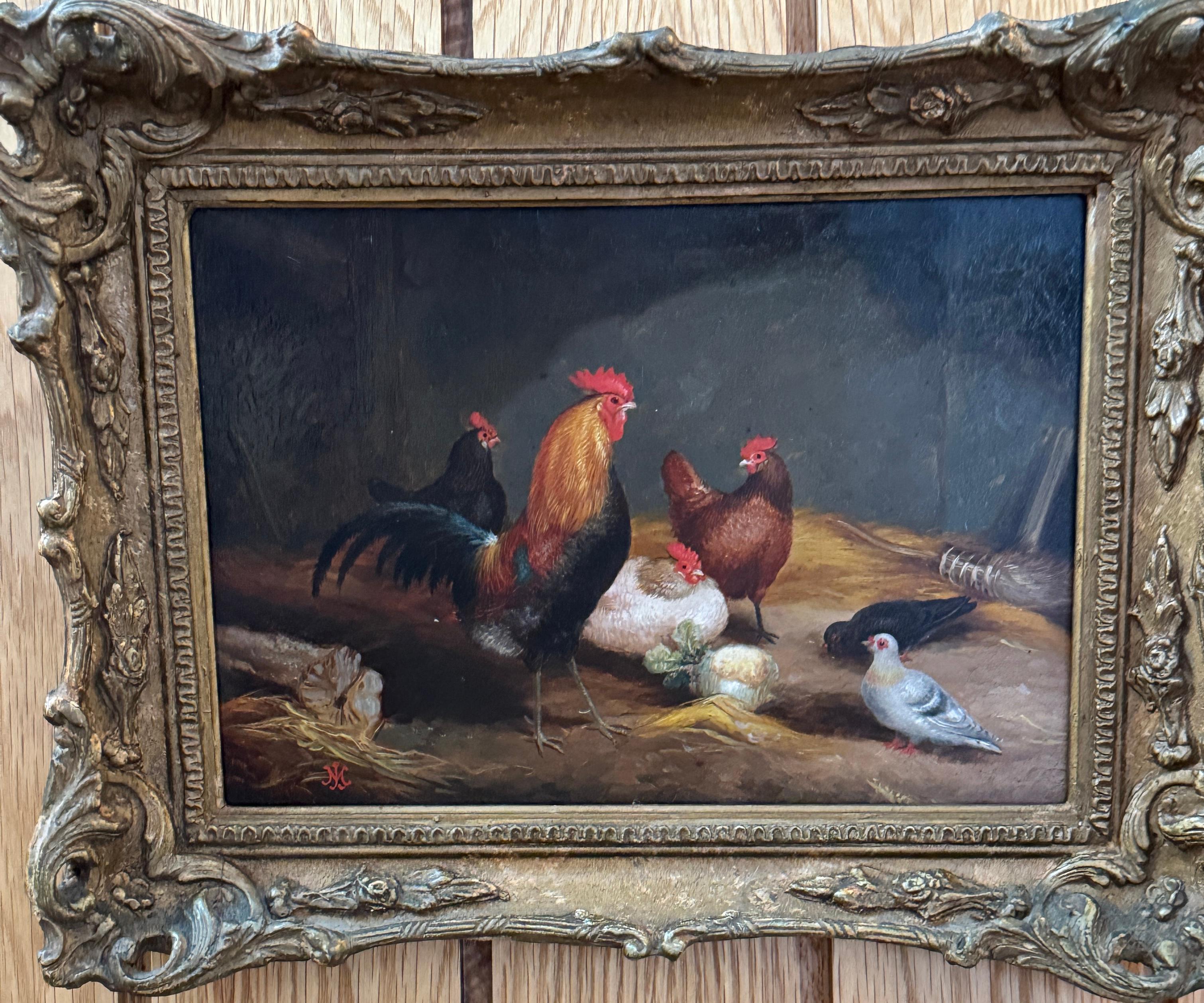 19th century Hen house interior with cockerel, chickens