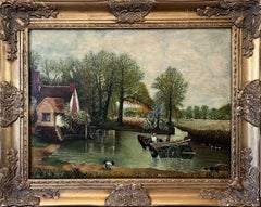 Vintage M. Jaffe English Original Oil Painting Cottage River Scene HorsesFramed