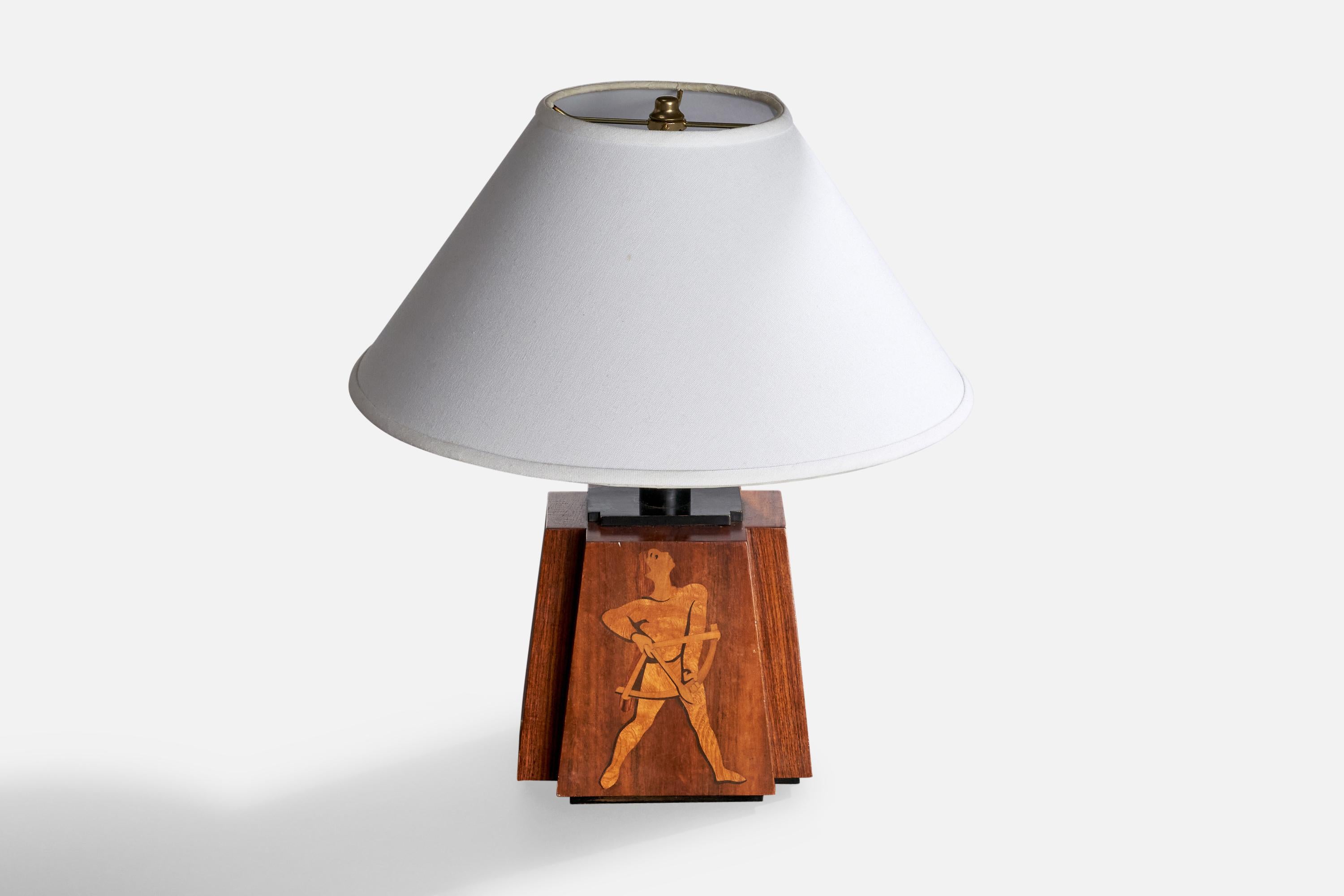 Scandinave moderne Mjölby Intarsia Attribution, lampe de table, laiton, métal, Wood, Suède, années 1940 en vente