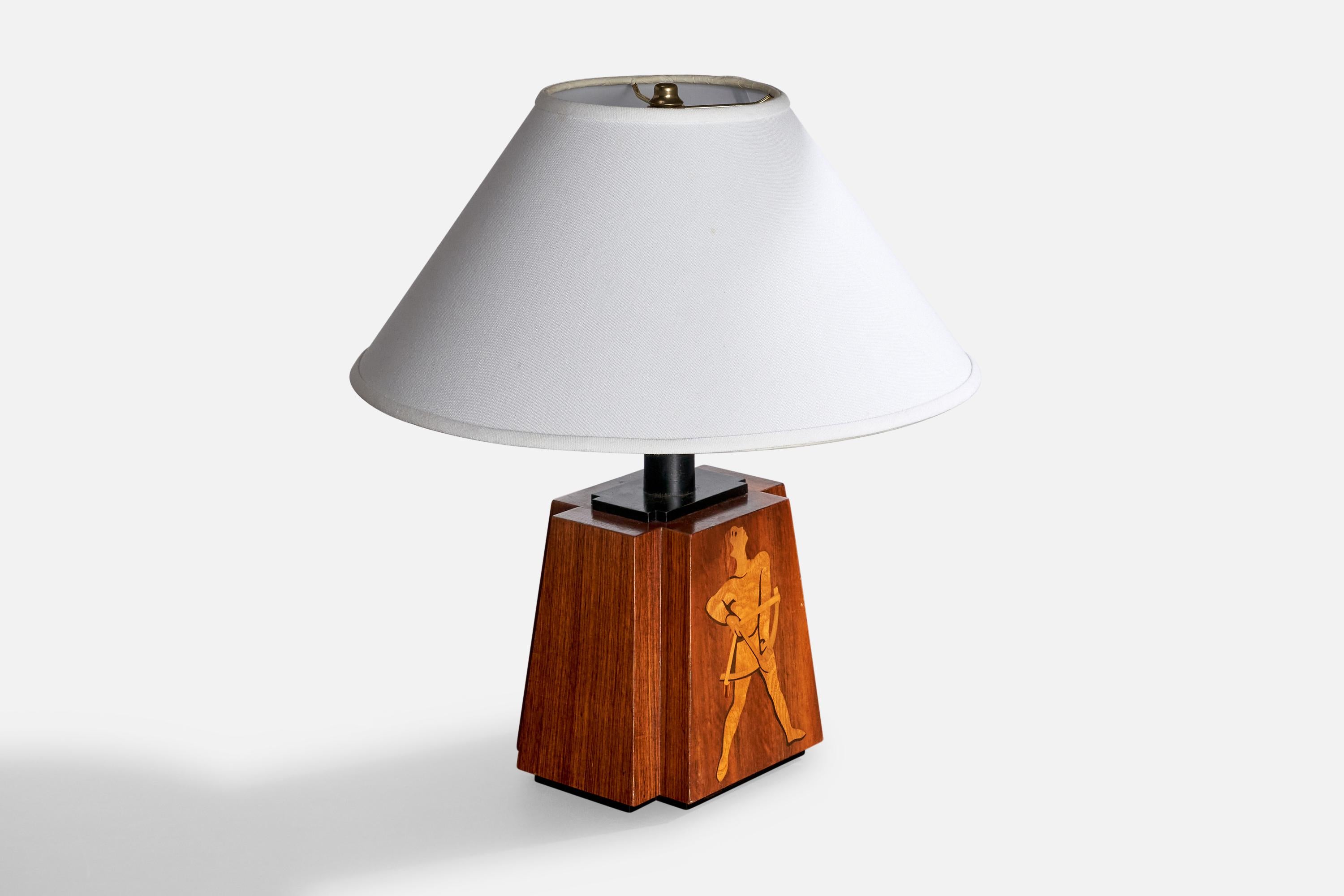 Suédois Mjölby Intarsia Attribution, lampe de table, laiton, métal, Wood, Suède, années 1940 en vente