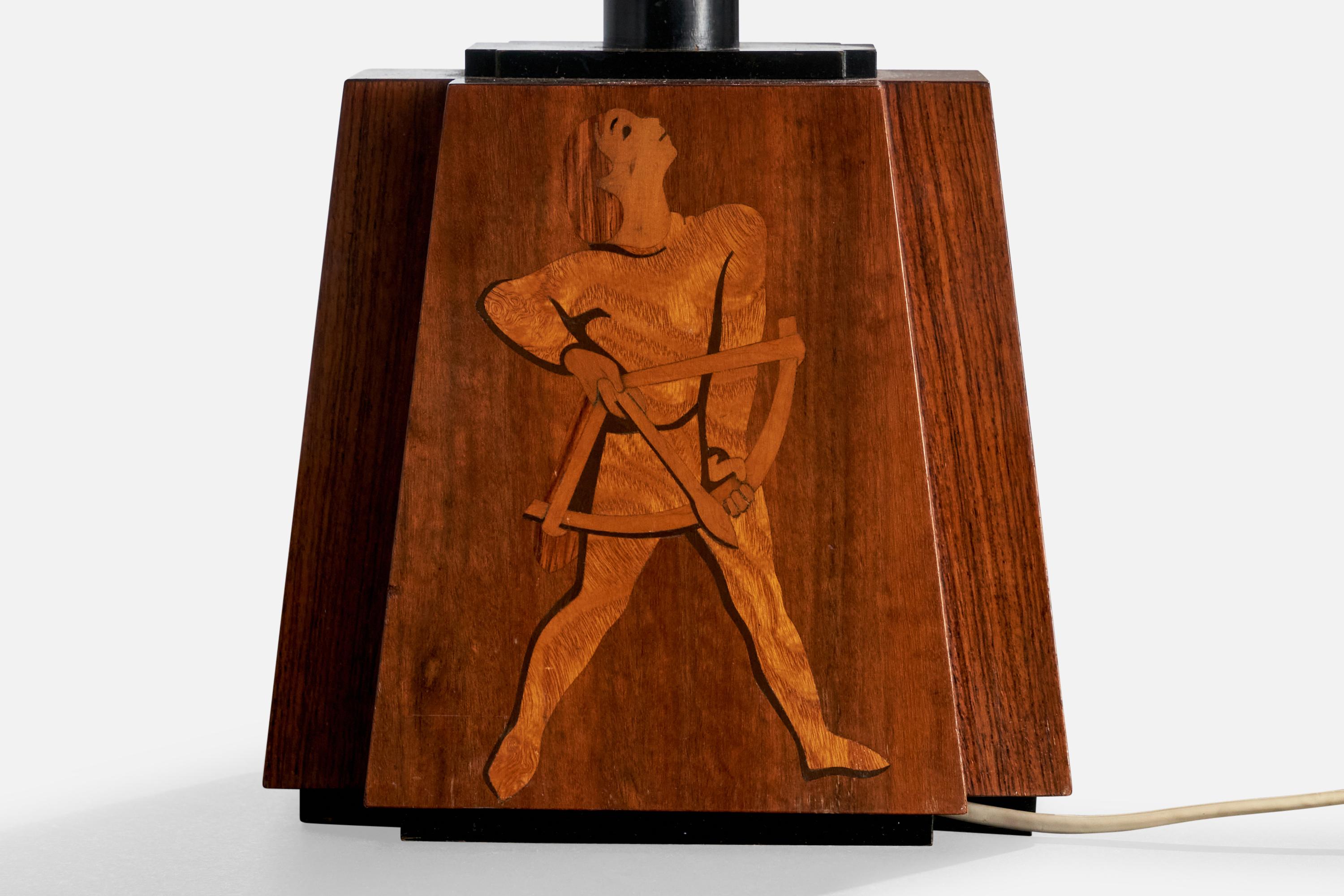 Métal Mjölby Intarsia Attribution, lampe de table, laiton, métal, Wood, Suède, années 1940 en vente