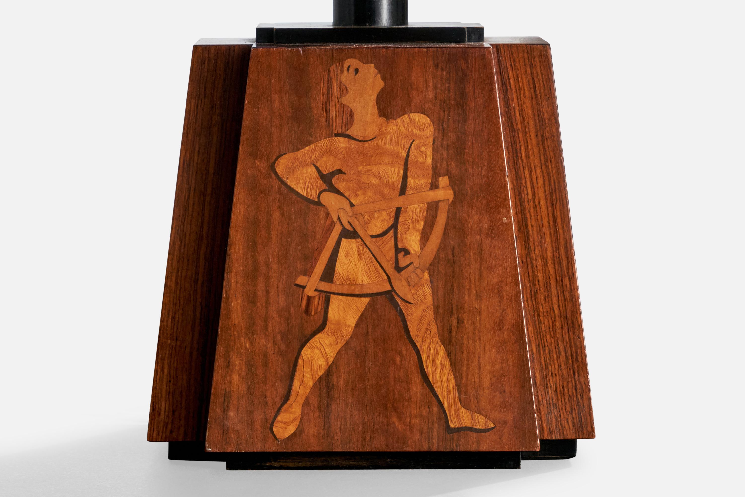 Mjölby Intarsia Attribution, lampe de table, laiton, métal, Wood, Suède, années 1940 en vente 1