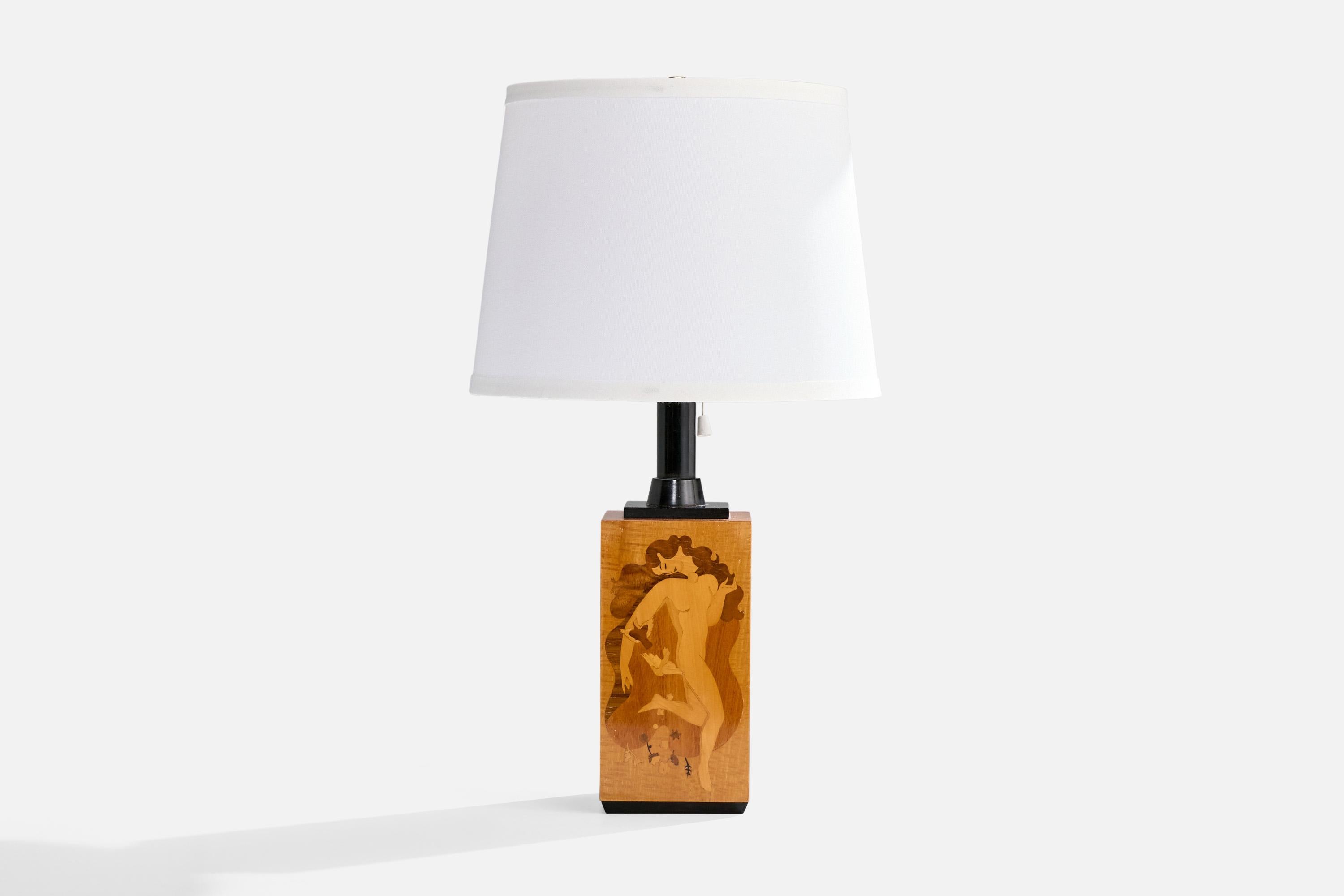 Mjölby Intarsia Attribution, Tischlampe, Holz, Bakelit, Schweden, 1940er Jahre (Skandinavische Moderne) im Angebot