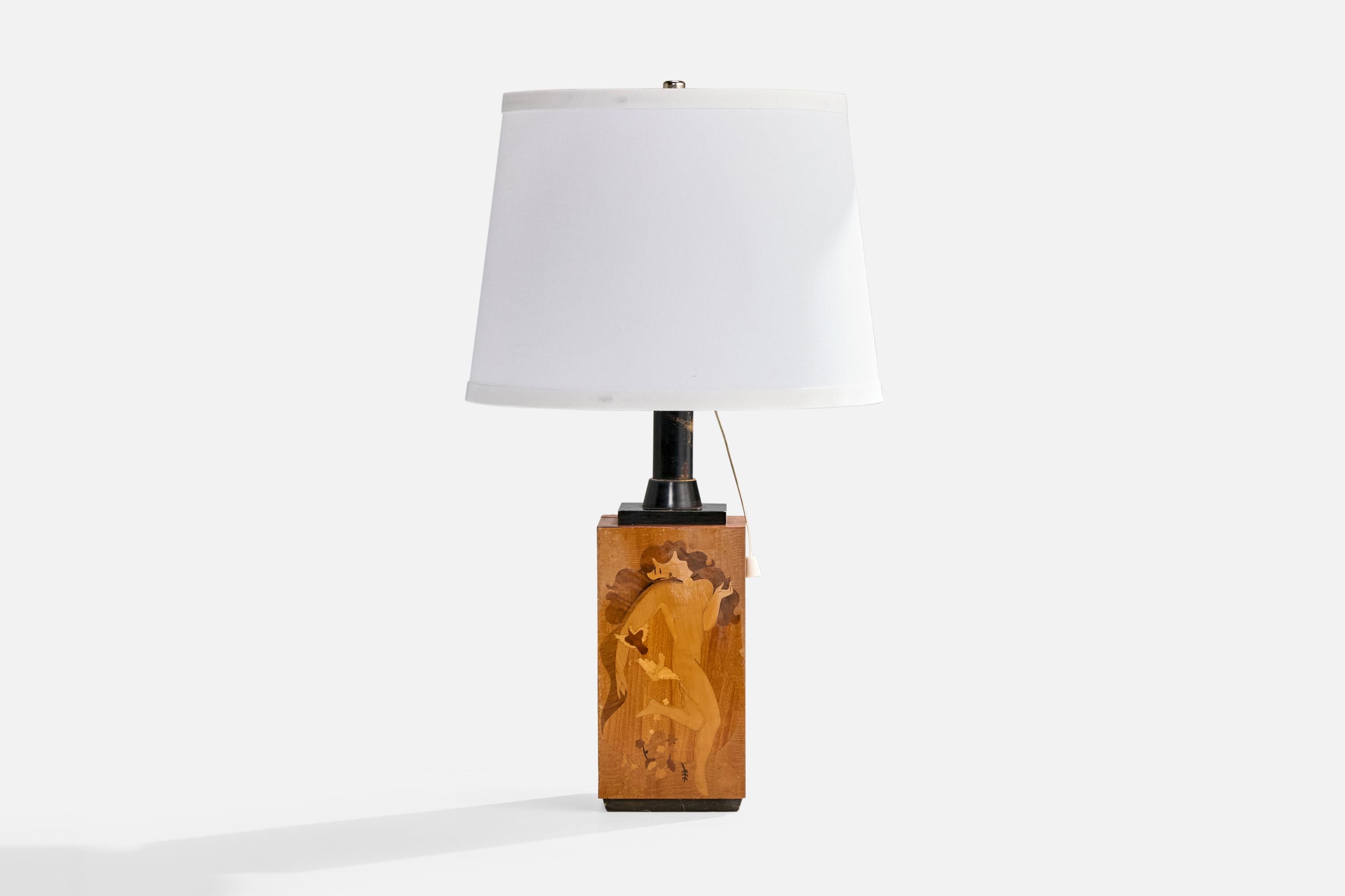 Mjölby Intarsia Attribution, Tischlampe, Holz, Bakelit, Schweden, 1940er Jahre (Skandinavische Moderne) im Angebot