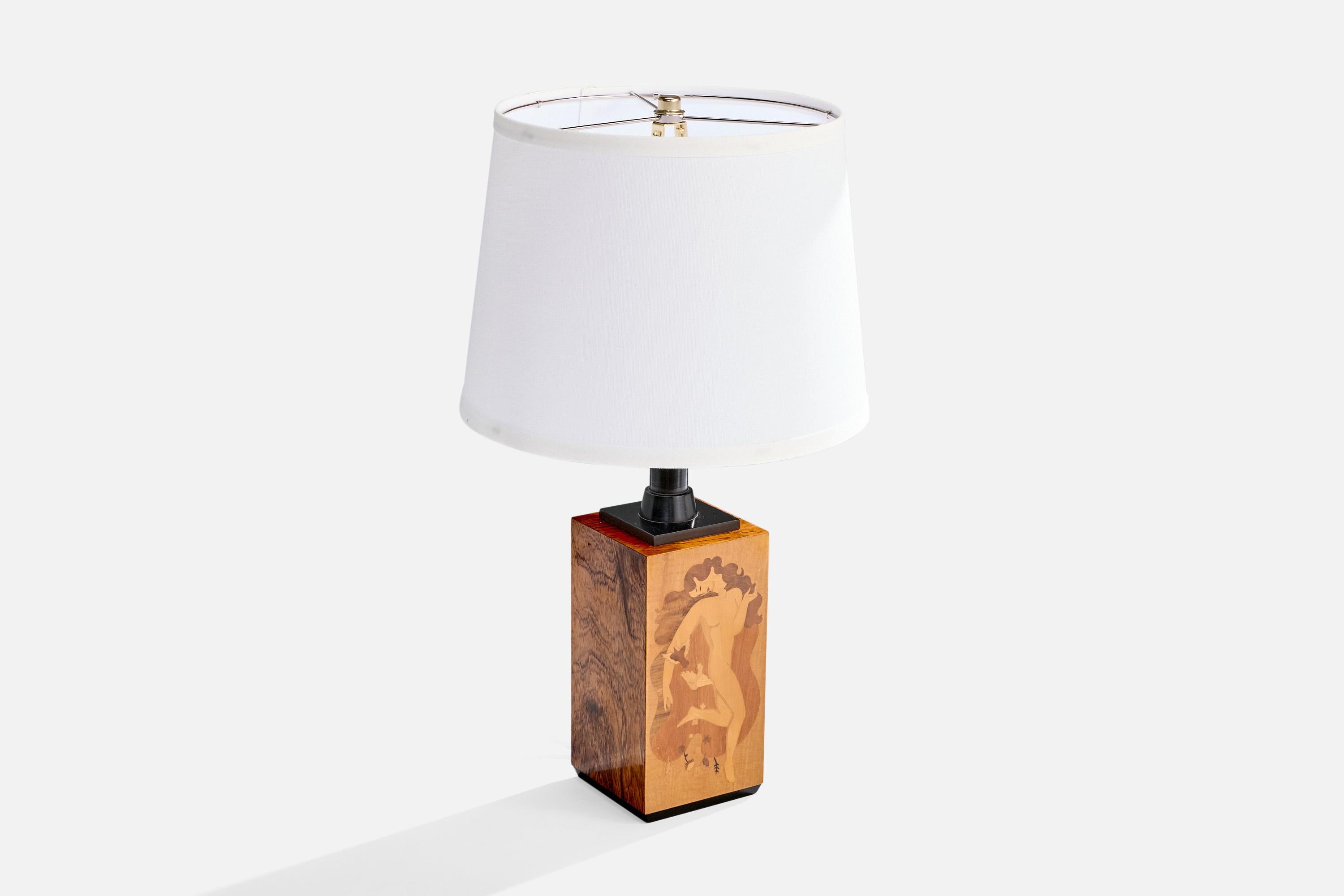 Mjölby Intarsia Attribution, Tischlampe, Holz, Bakelit, Schweden, 1940er Jahre (Schwedisch) im Angebot