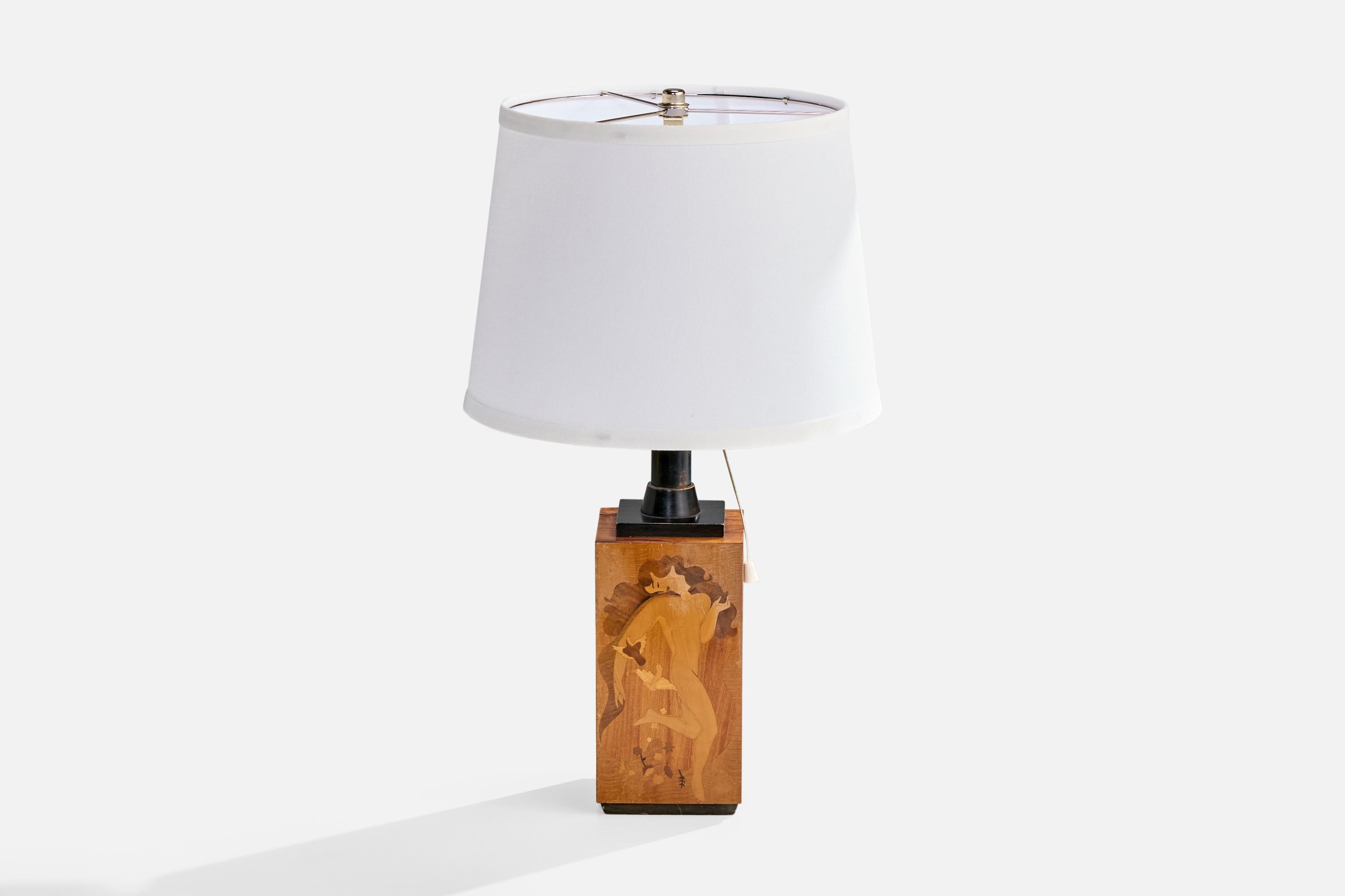 Mjölby Intarsia Attribution, Tischlampe, Holz, Bakelit, Schweden, 1940er Jahre (Schwedisch) im Angebot