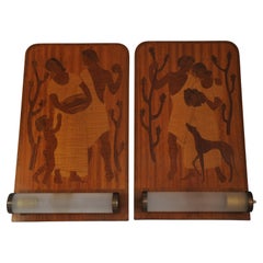Mjölby Intarsia Pair of Art Deco Marquetry Wall Sconces Sweden 1920's